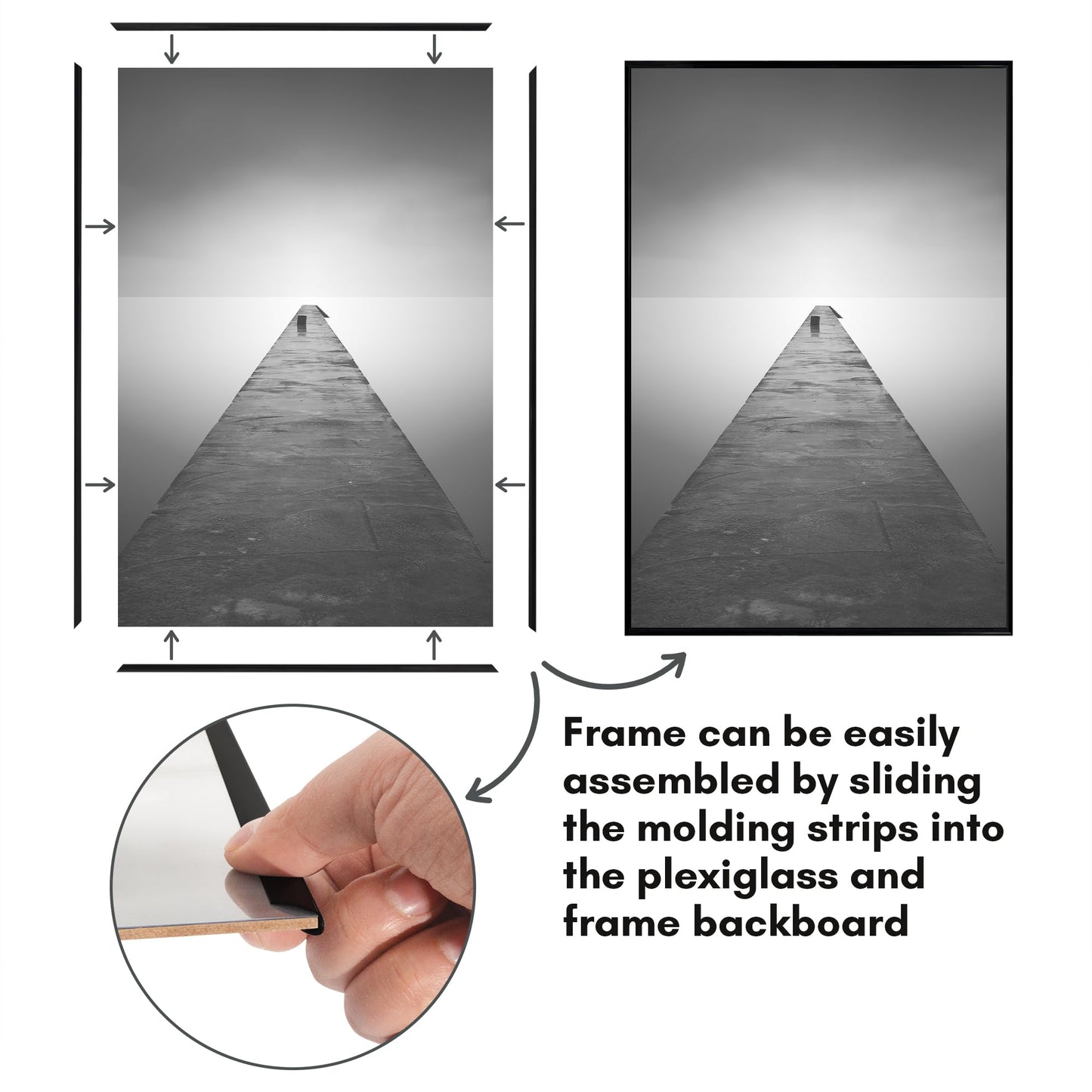 Americanflat 24x36 Poster Frame with Polished Front Cover - Set of 3 - Slide-In Photo Frame with Buildable Molding - Fusion Collection - Picture Frames for Wall Display - Black