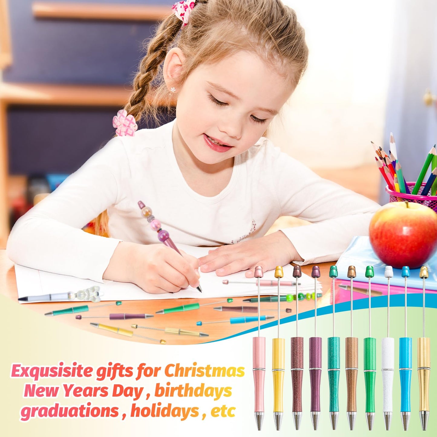 DASTTUIS 600 Pieces Beadable Pens - 200 Plastic Beadable Pens Bulk, Refills & Pen Bags Included - Beaded Pens Kit Cute Ballpoint Pens Black Ink - DIY Pens for Students & Teachers (Multicolor)