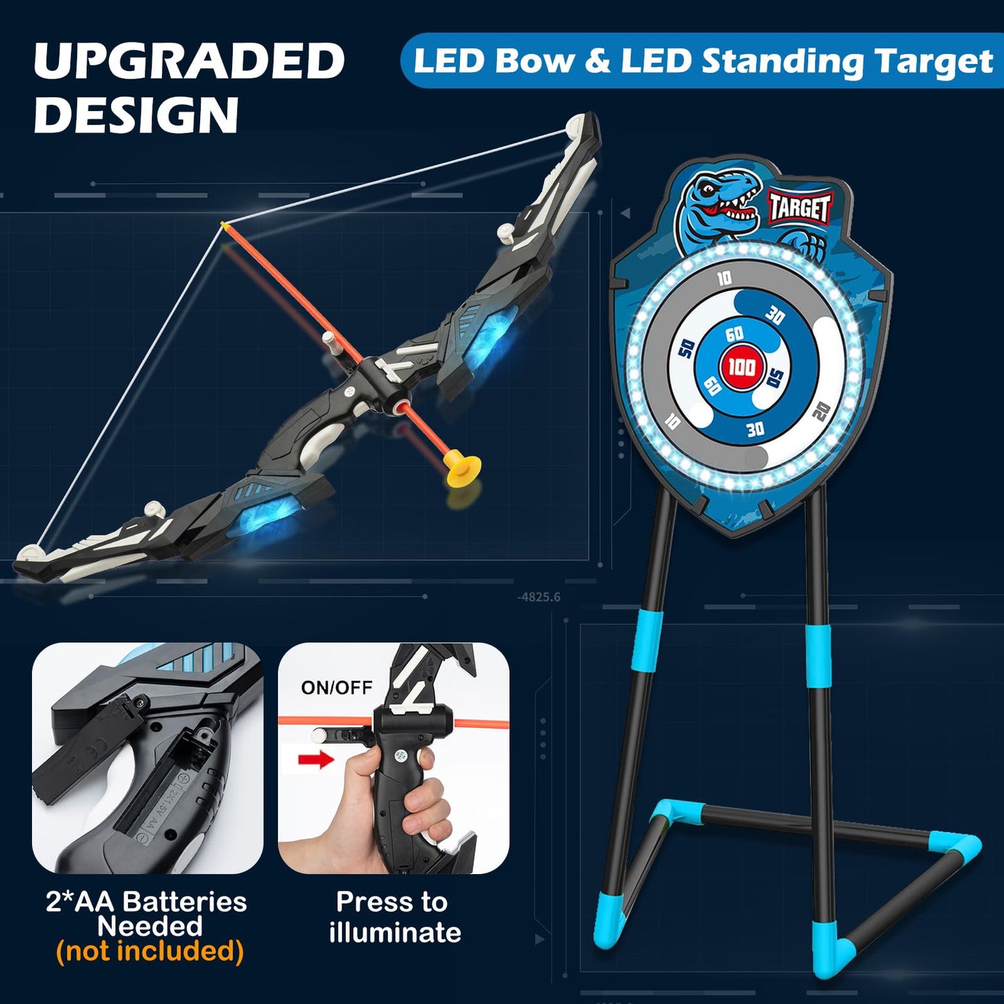 Kids LED Standing Archery Set with Bow & Arrows – Outdoor Sports Toy for Boys & Girls Ages 4-12, Safe & Fun Target Practice Game, Blue