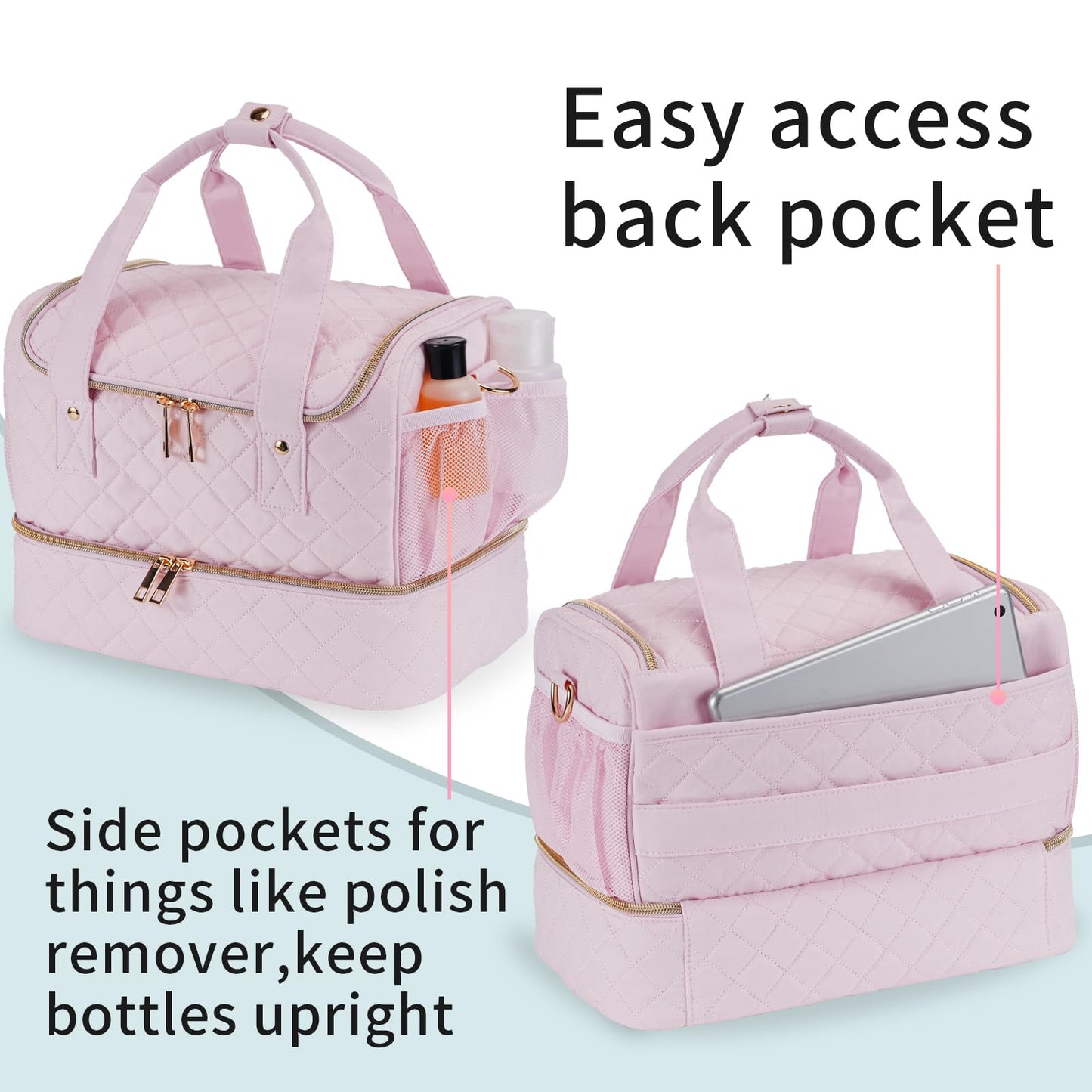 VOFIpremiAm Nail Polish Organizer Case Fits 1 Nail Lamp and 50 Bottles,Pretty Nail Organizers and Storage with Side Pockets for Nail Polish Remover,Manicure Tools (Patented,Bag Only)-Pale Pink