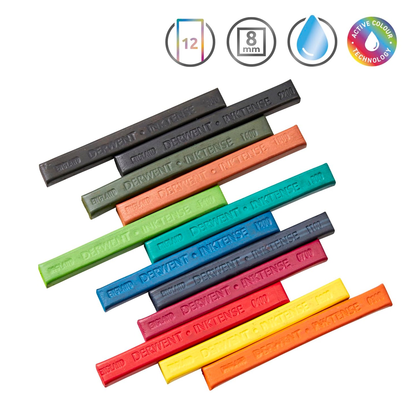 Derwent Inktense Blocks 12 Tin, Set of 12, 8mm Block, Soft Texture, Watersoluble, Ideal for Watercolor, Drawing, Coloring, Crafts and Painting on Paper and Fabric, Professional Quality (2300442)
