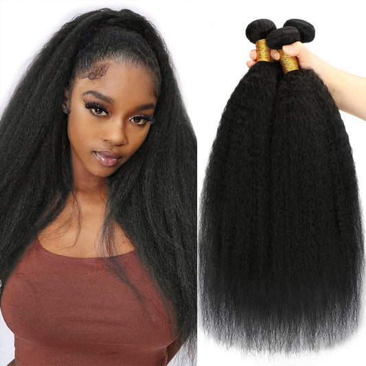 14 16 18 Kinky Straight Bundles Human Hair Yaki Straight Human Hair 3 Bundles 100% Unprocessed Brazilian Virgin Remy Hair Yaki Straight Bundles For Black Women Natural Black Color