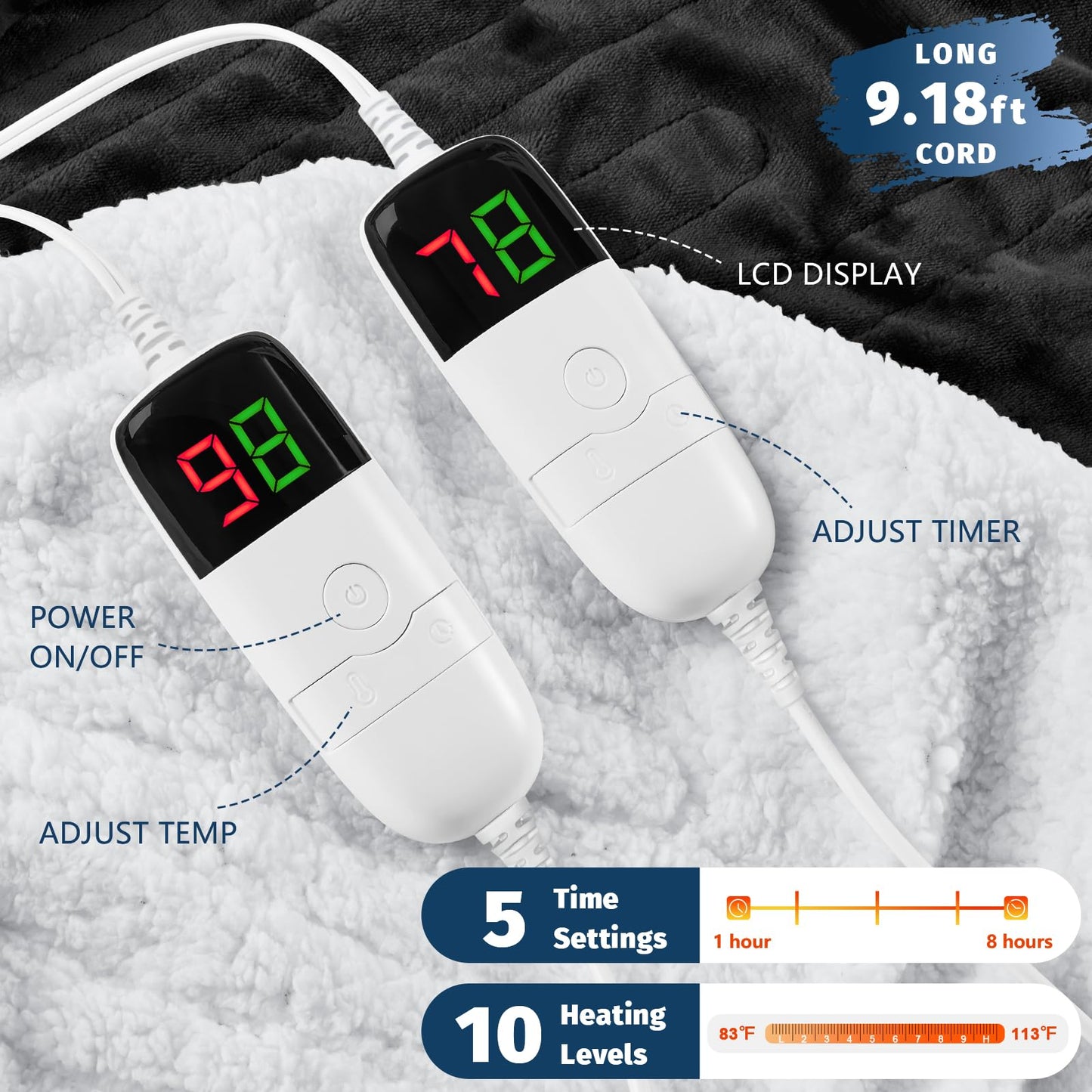 Heated Electric Blanket Queen Size - 84" x 90" Heating Blanket with Dual Control, 10 Heating Levels & 8 Hours Auto Off, Soft Warm Flannel Blanket, Christmas Birthday Gifts for Senior Grandma