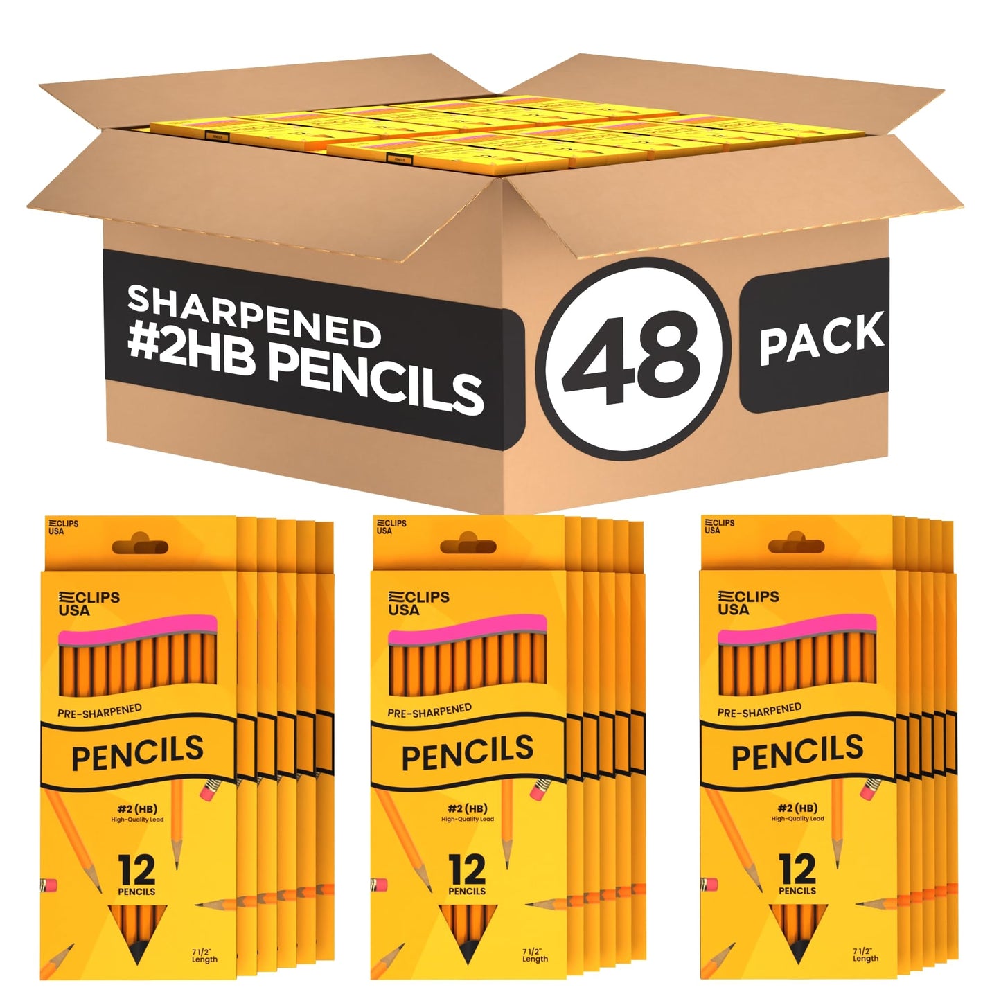 E-CLIPS USA Sharpened Pencils #2 Bulk, Classroom Must Haves School Supplies, Number 2 Pencils Bulk Office Supplies, 12 Per Box (48 Boxes)