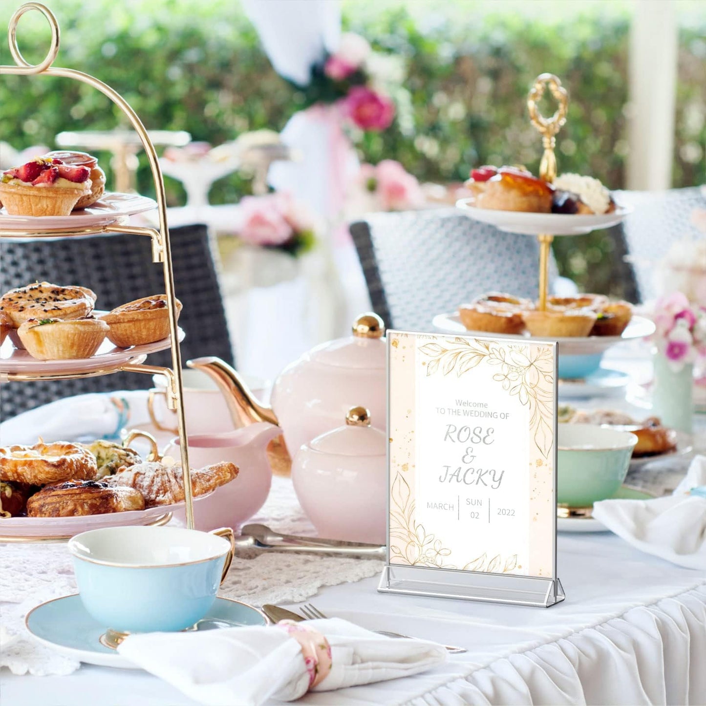 NIUBEE 6Pack 8.5x11 Clear Acrylic Sign Holder with Sliver Borders and Vertical Stand, Double Sided Table Menu Holders Picture Frames for Wedding Table Numbers, Photos