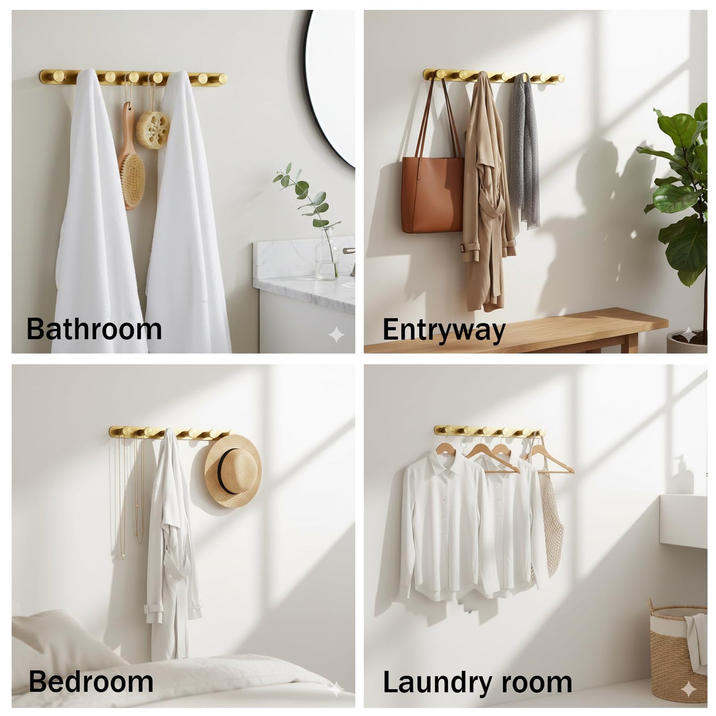 MACAJM Brushed Gold Coat Rack Wall Mounted, 21" Heavy Duty 304 Stainless Steel Row of 8 Hooks for Coats, Towels, Robes (Drilling)