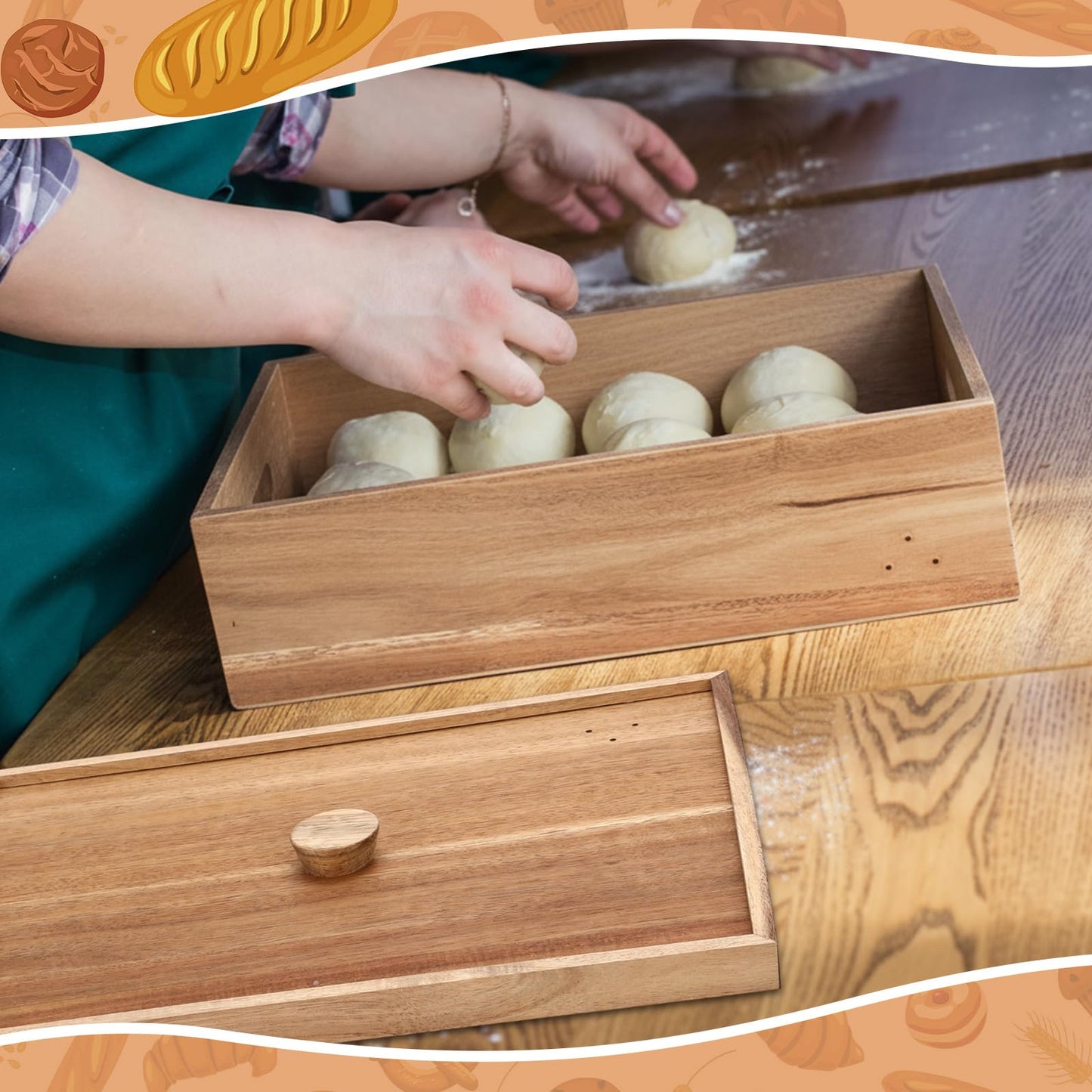 Remerry 2 Pizza Dough Proofing Box Wooden with 1 Lid, 1 Scraper Set 16" x 12" x 9" Stackable Dough Pizza Proofing Box Container for Home Kitchen