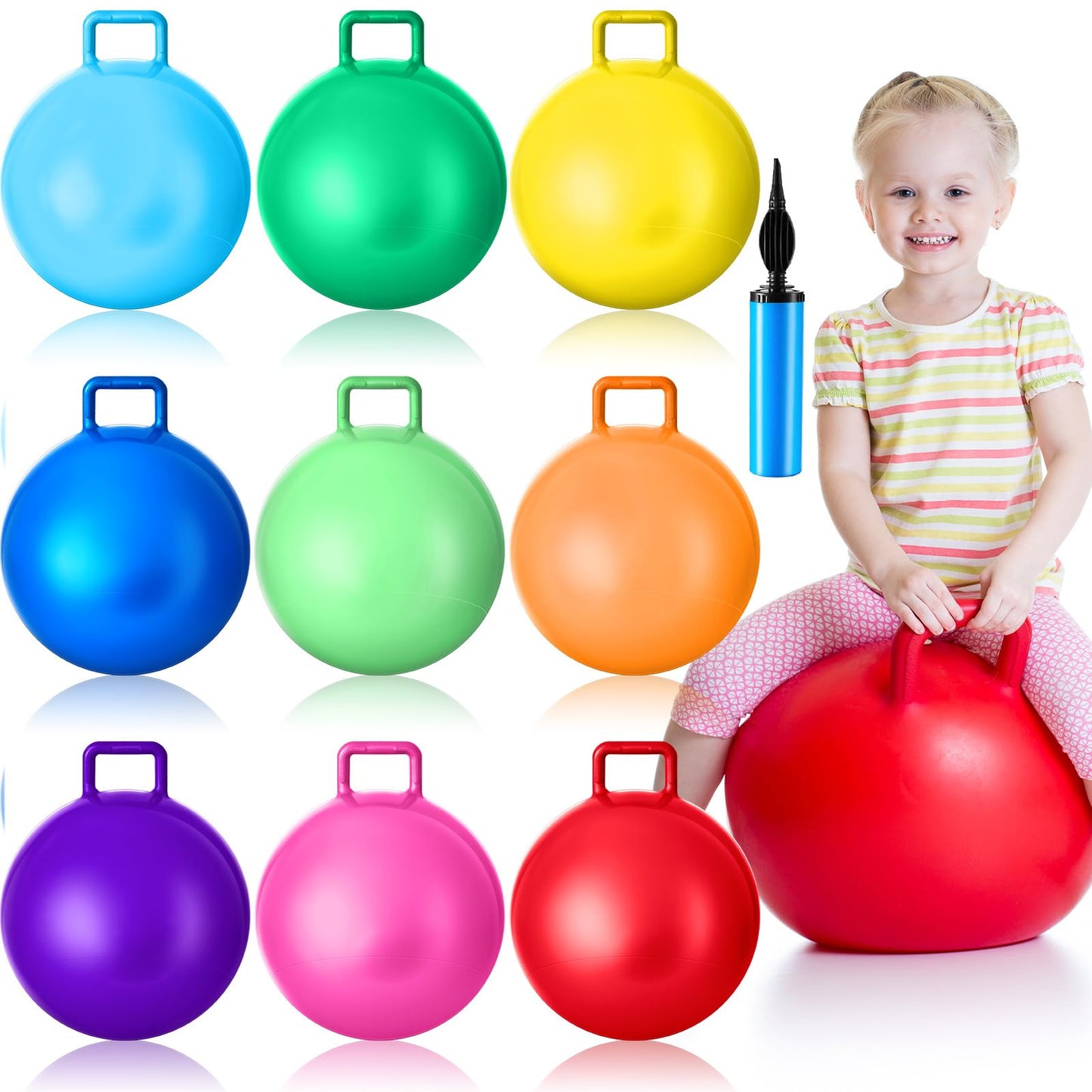 Meooeck 9 Pcs Hopper Ball 18 Inch Jumping Hopping Outdoor Bouncy Ball with Handles and Air Pump for Sports School Games Exercise(Multicolor)