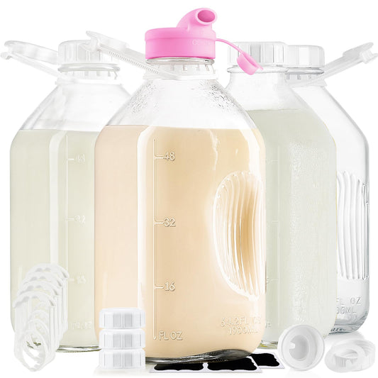 1/2 Gal Glass Milk Bottle with Airtight Screw Lid - Glass Pitchers with 8 Handle and 8 Lids, 64 Oz Heavy Duty Glass Milk Jug Pitcher with 2 Exact Scale Lines for Juicing Water Bottles