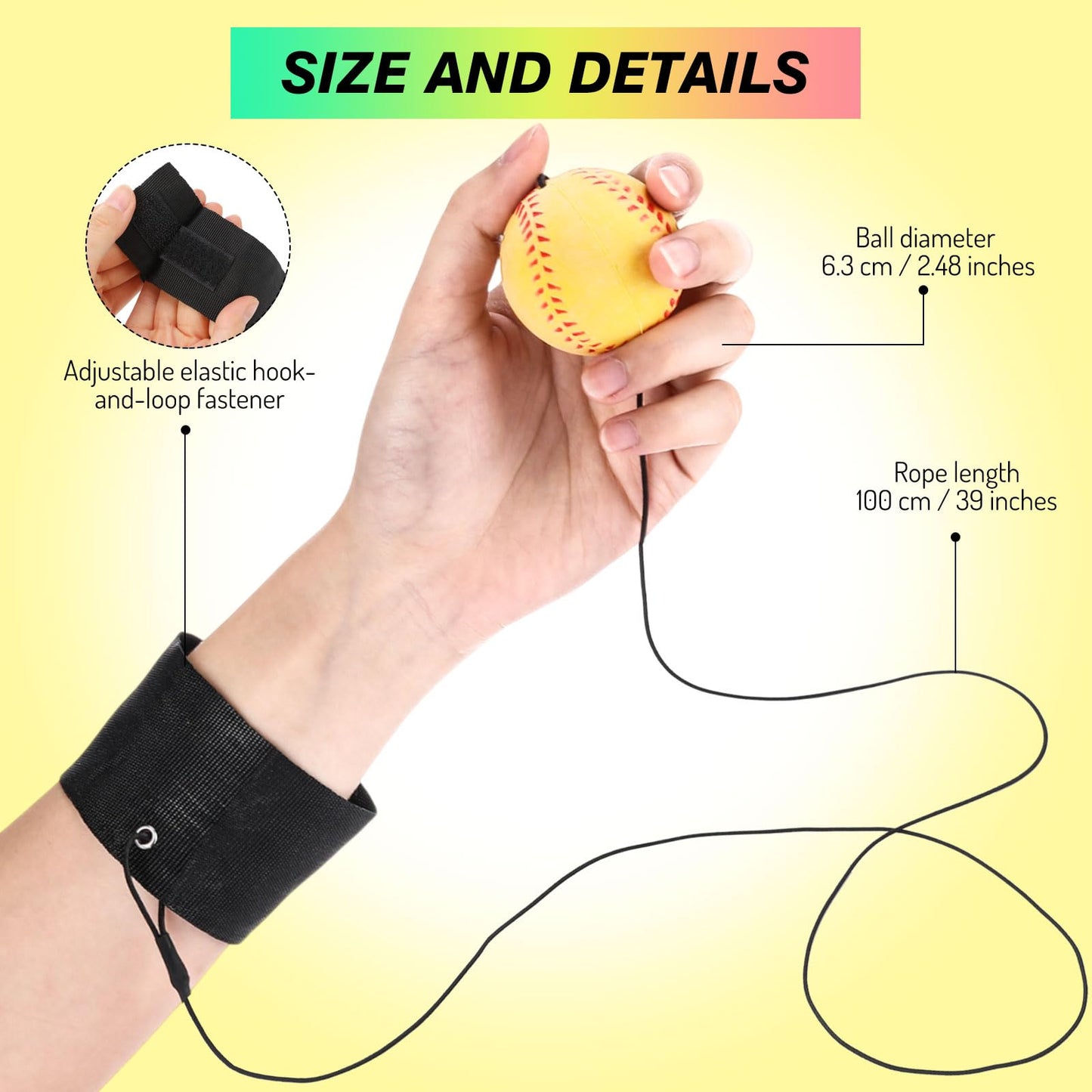 Skylety 100 Pieces Wrist Return Ball Rubber Sport Ball with Strap and String Rebound Bouncy Balls Toy on Elastic String Toy for Teens Adults Wrist Exercise Play