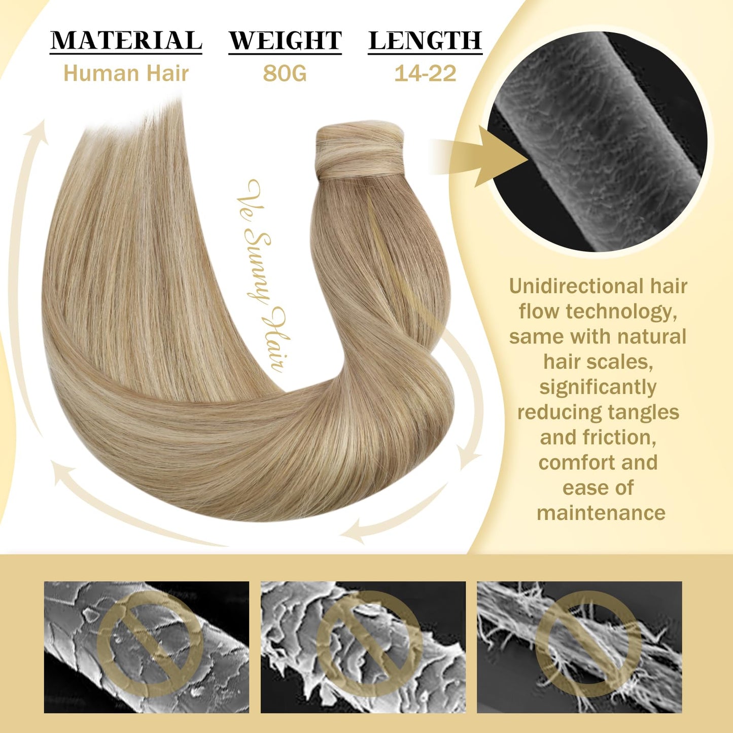 Ve Sunny Ponytail Extension Human Hair Blonde Hair Extensions Ponytail Light Blonde Mix Golden Blonde Highlights Real Hair Ponytail Extension Short Ponytail Extension Highlights 80g 14inch