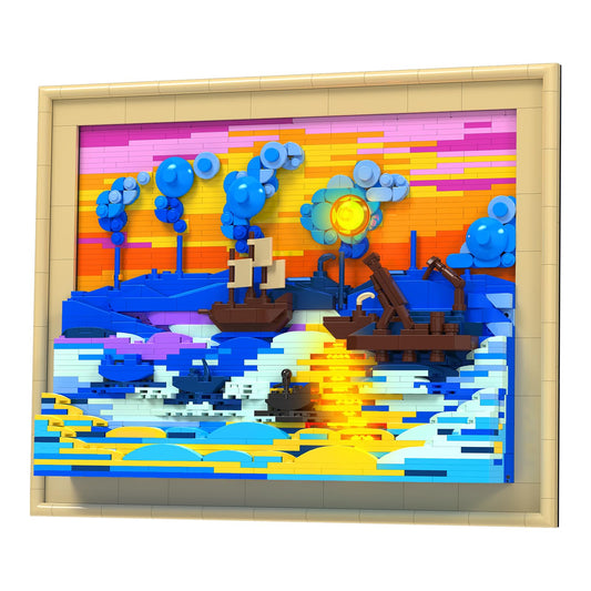 Brihappen Impression Sunrise Painting Frame Building Set for Adults Boys Girls, 3D Wall Monet Art Craft with Light for Home Office Decor, Ideas Toy Building Kit, Creative Birthday Gifts（1514 Pieces）