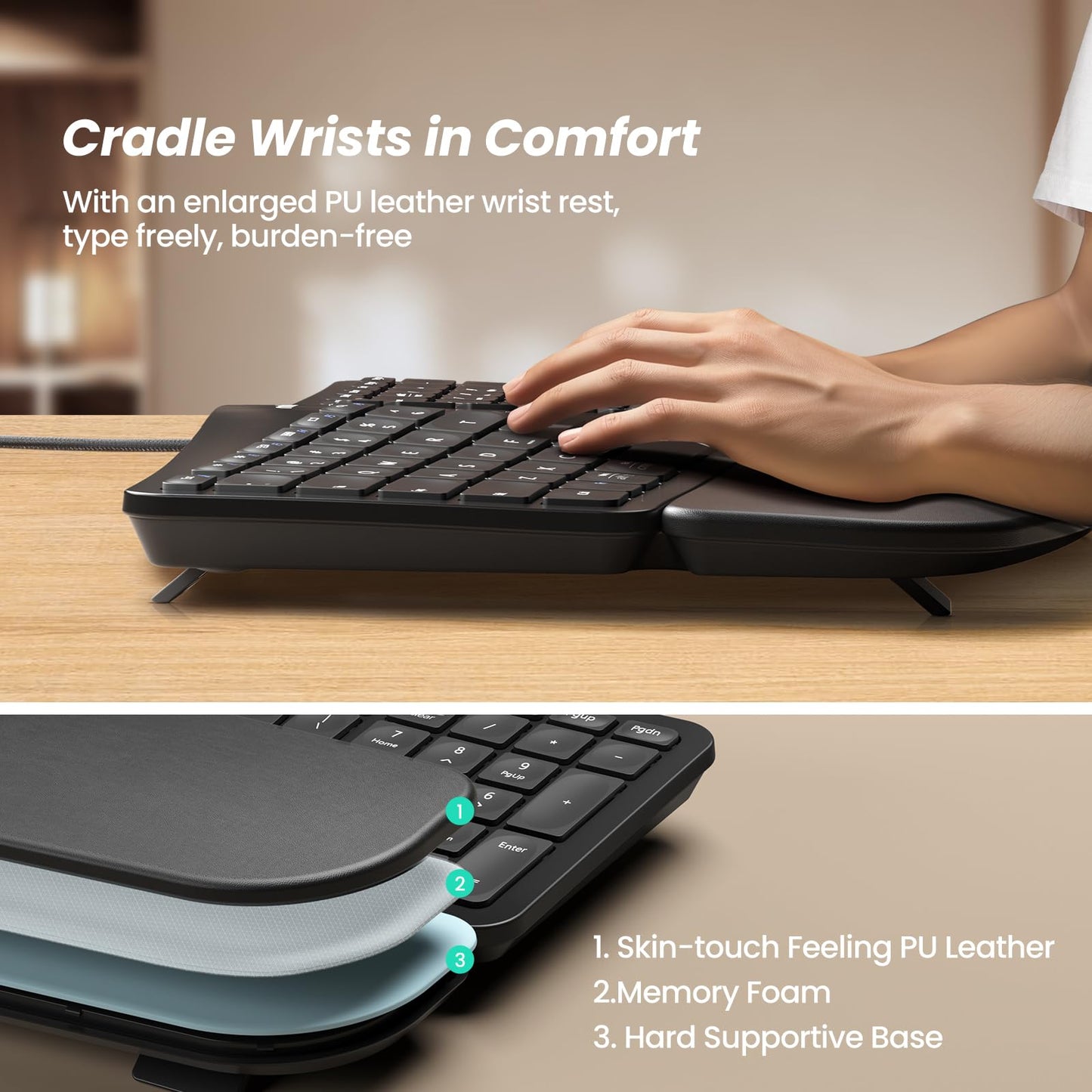 Nulea RT05C Wired Ergonomic Keyboard, Split Keyboard with Cushioned Wrist Rest, Adjustable Tilt Legs, Plug and Play, USB Corded, Compatible with Windows/Mac