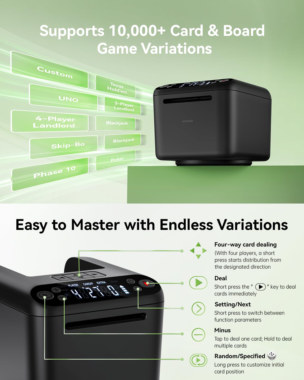 KPAW Automatic Card Dealer Machine Rotating 360 for Playing Cards 2/1/3 Decks USB Rechargeable Card Dealing Machine,Connect 4 Wireless Remotes for Texas Holdem Uno Card Game (Black, 3 Deck)