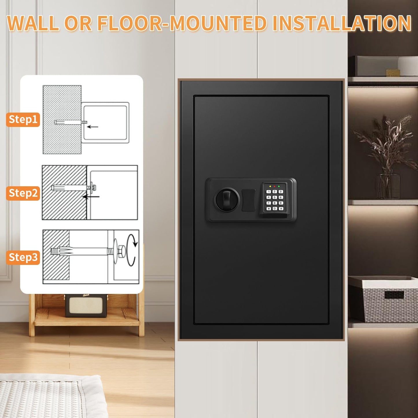 5.0 Cub Large Home Safes Fireproof Wterproof, Anti-theft Fireproof Safe with Programmable Keypad, Spare Keys and Alarm Systerm, Digital Home Security Safe Box for Document Money Medicines