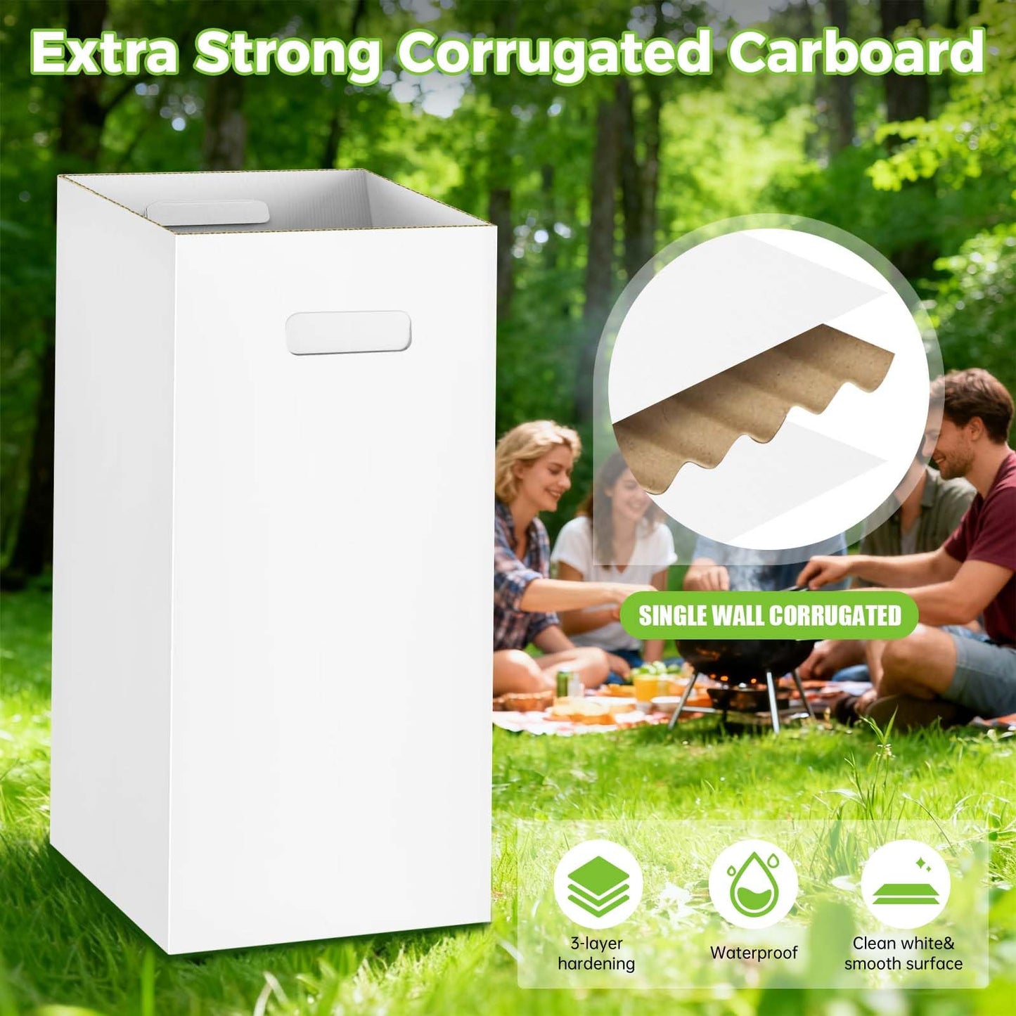 Ickimee 4 Pack 30 Gallon Extra Strong Corrugated Cardboard Disposable Trash Cans for Parties & Events – Heavy Duty Reusable Portable Garbage Cans, Recycling Trash Bins, (White, 30" H x 14" W x 14" D)