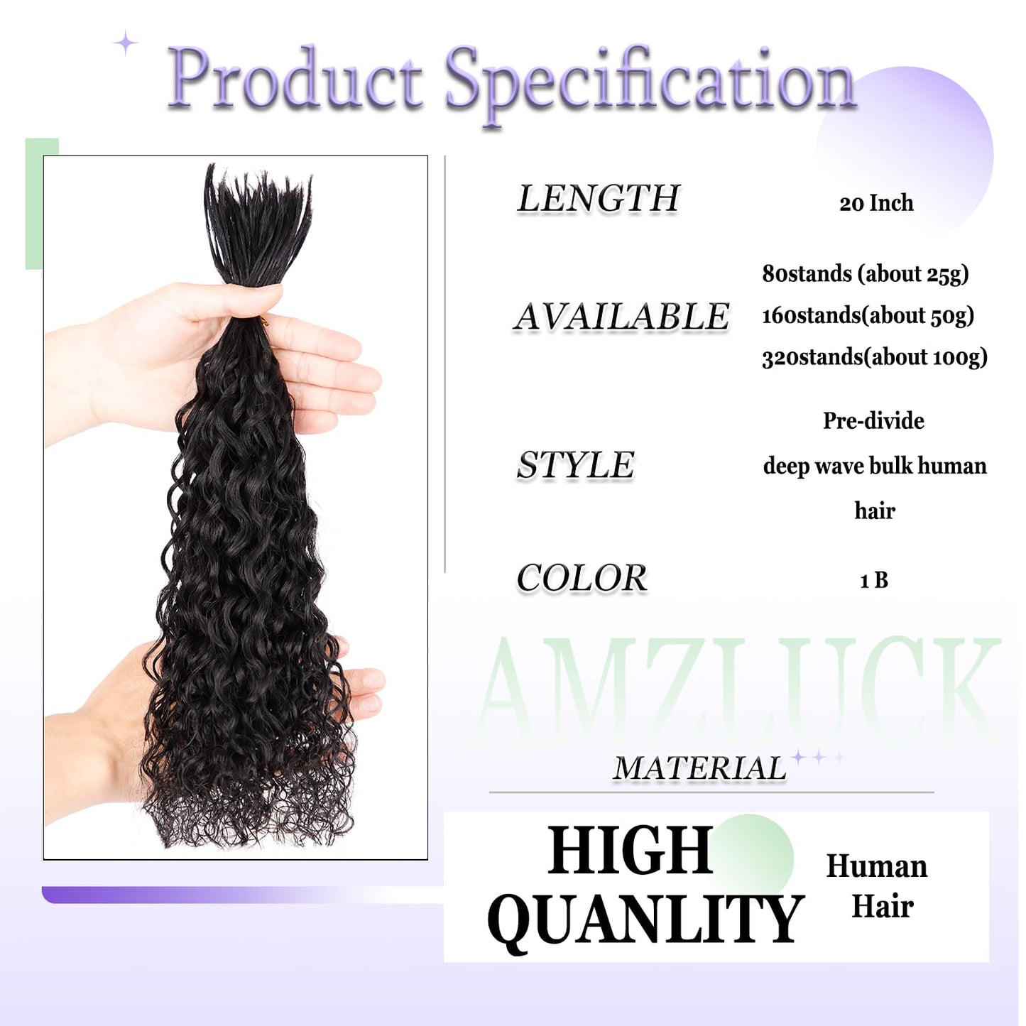 Pre-Divided Human Braiding Hair for Boho Braids Water Deep Wave Human Hair Bulk for Braiding Curly Human Hair for Boho Locs Boho Crochet Braids Human Hair Extensions (1B, 20"-320Strands)