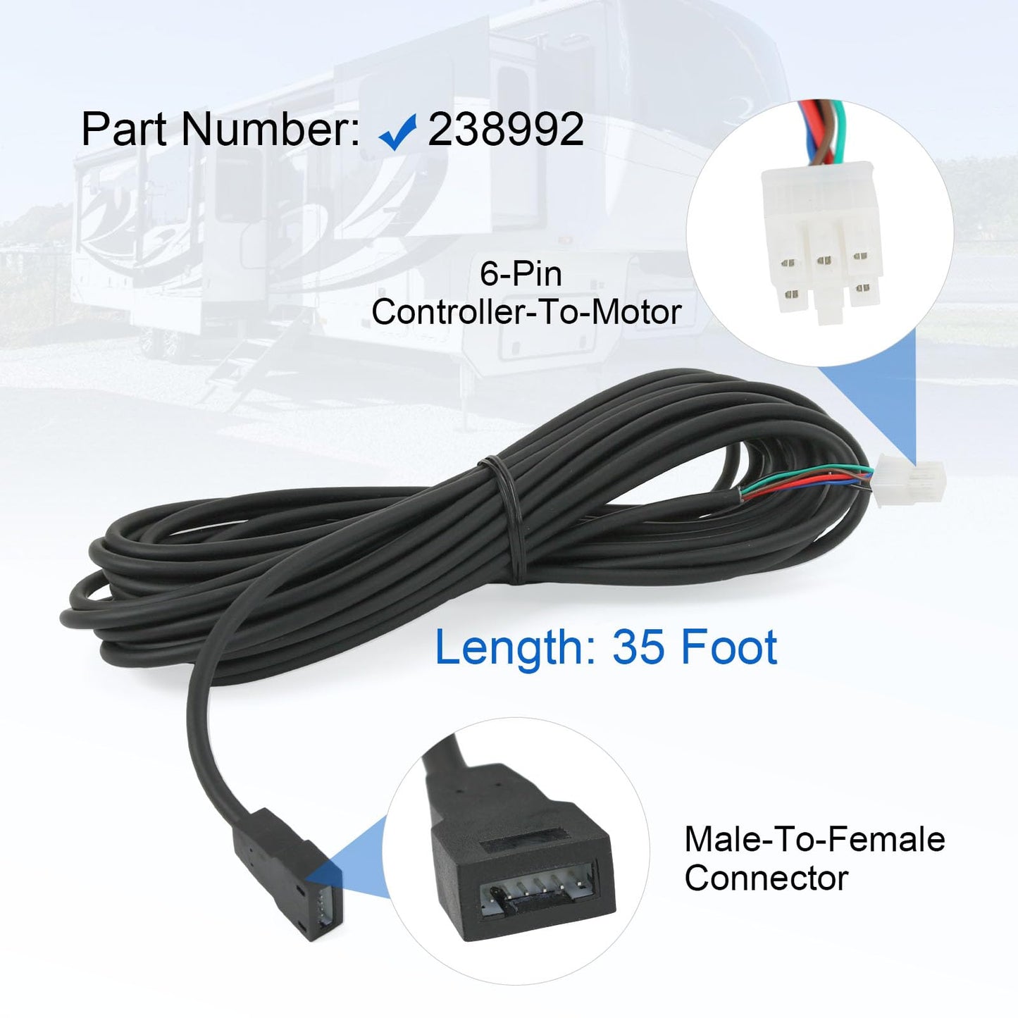 Nirakoka 35 Foot 6 Pin Controller-to-Motor Harness Male-to-Female Assembly #238992 for in-Wall Slide-Out Systems - Fits 5th Wheel RVs/Travel Trailers/Motorhomes