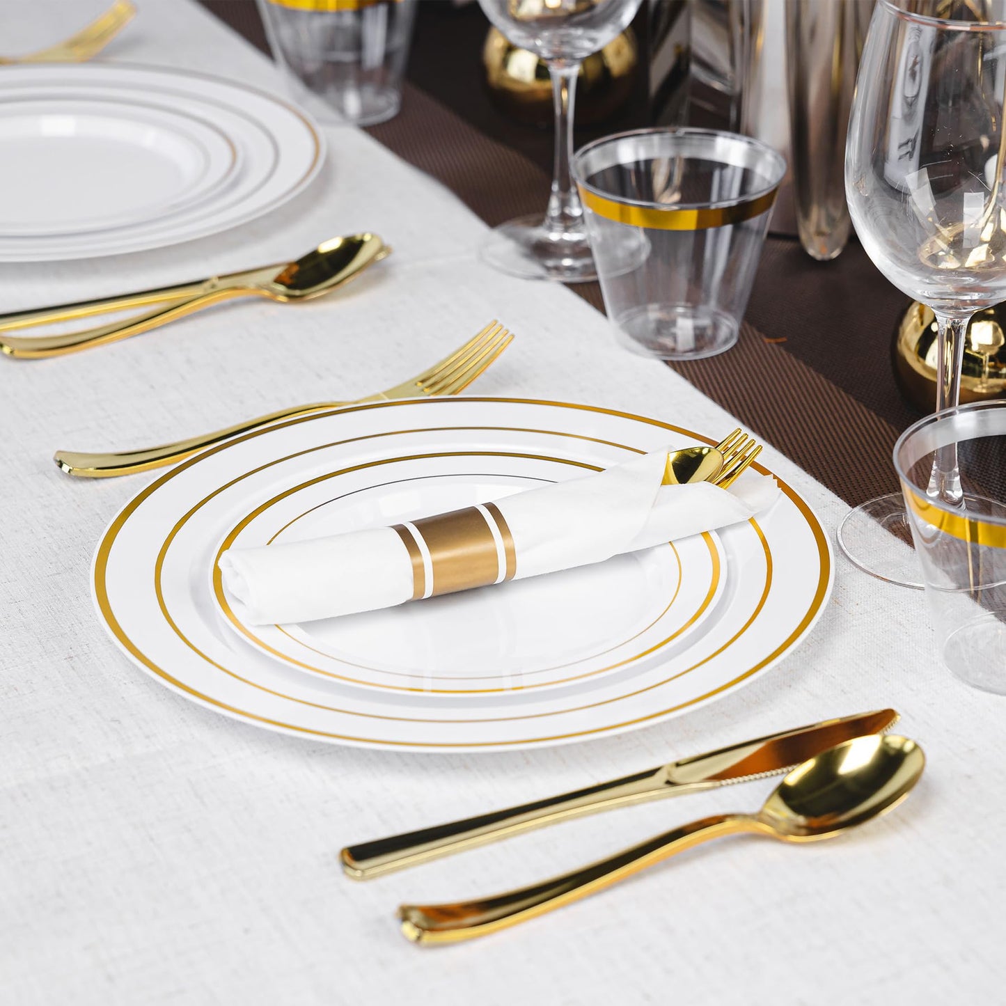 Ciselure 350PCS Gold Plastic Plates Dinnerware Set, Thanksgiving Disposable Plates, 50 Dinner and 50 Dessert Plates, 50 Pre Rolled Napkins with Silverware and 50 Cups for Party and Wedding