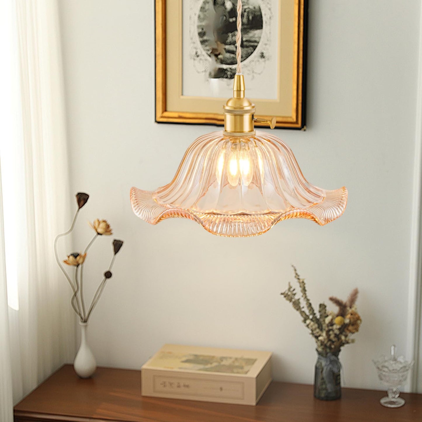 Vintage Pendant Lights Kitchen Island 3 Pack, Adjustable Pendant Light Fixtures with Amber Lily Glass Lampshade, Gold Kitchen Pendant Lighting Over Island, Pendant Light for Dining Room Hallway