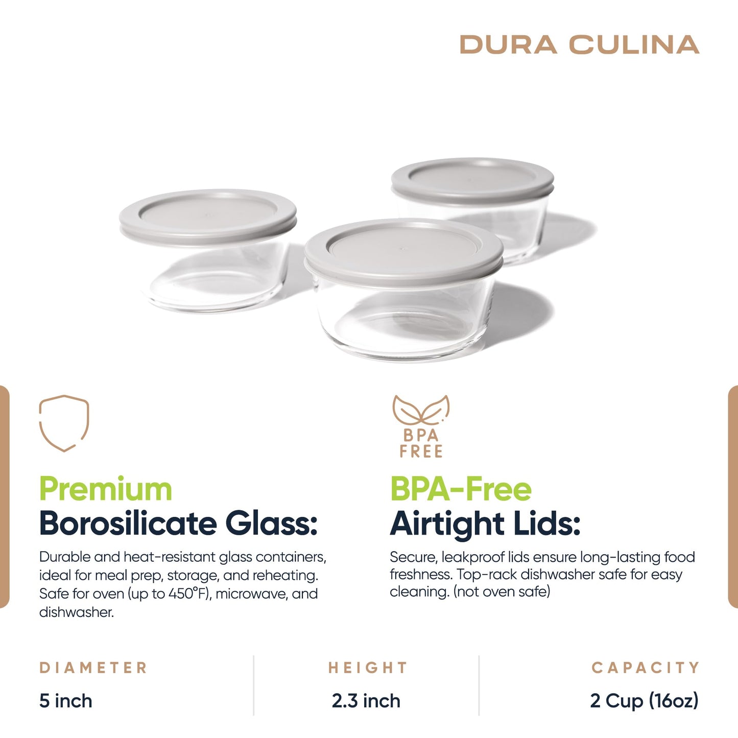 6-Piece Glass Food Storage Containers Set (3 Containers + 3 BPA-Free Lids) | 2-Cup, Leakproof | Microwave, Freezer, Oven & Dishwasher Safe | Ideal for Meal Prep & Pantry Organization, Grey