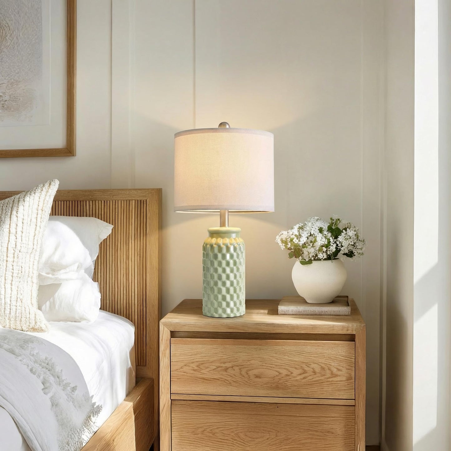 Vortether 20.5" Small Bedside Lamps Set of 2 with 5FT Cord, Green Ceramic Modern Farmhouse Table Lamps for Nightstand, Living Room, Bedroom, 3D Honeycomb Stylish End Table Lamps(Bulb Not Included)