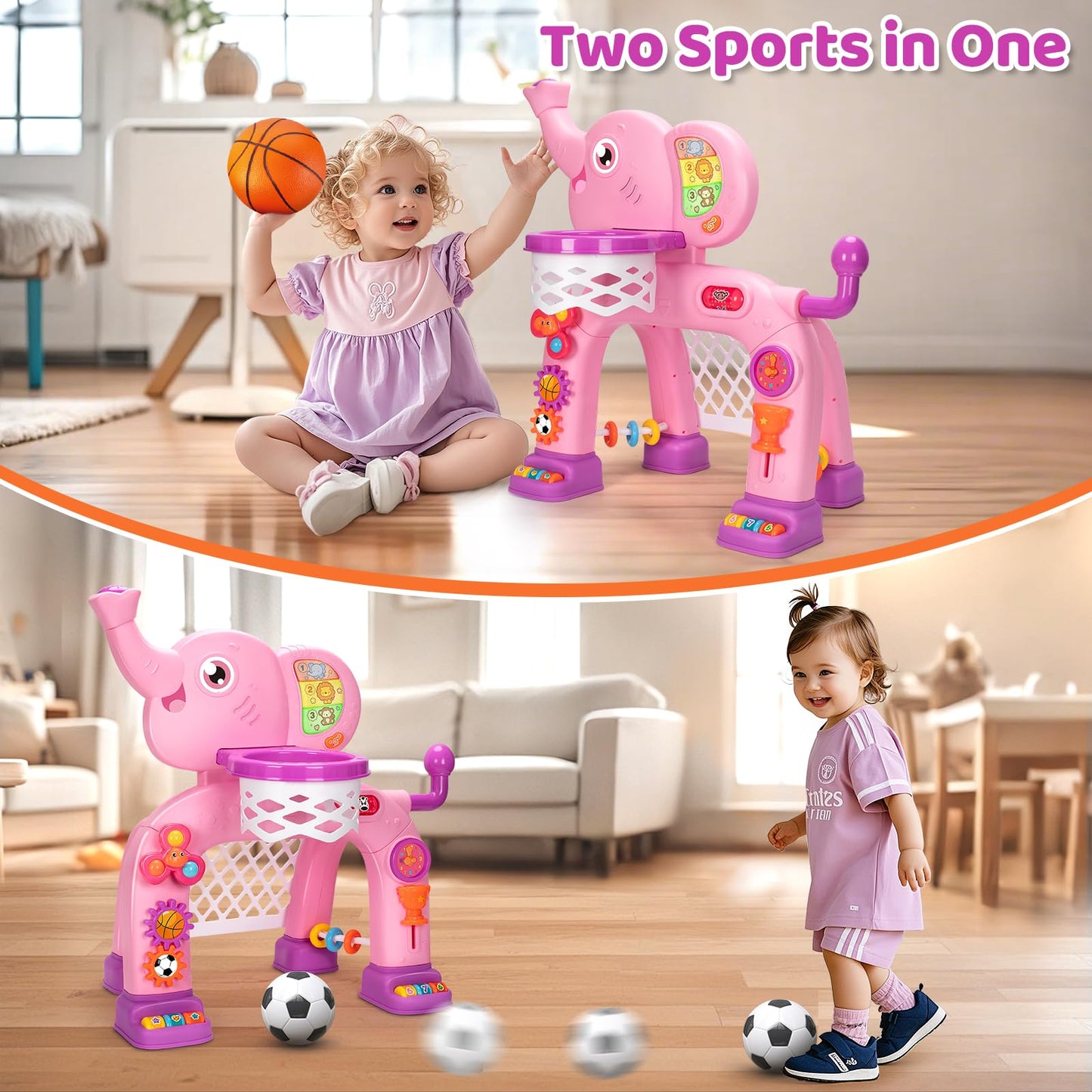 KIZZYEA Toddler Basketball Hoop & Soccer Goal Sports Toys for 1 2 3 Years Old Girls Boys, Interactive Musical Toys, Montessori Toys, Christmas Birthday Gifts for Baby Kids Age 12-18 Months
