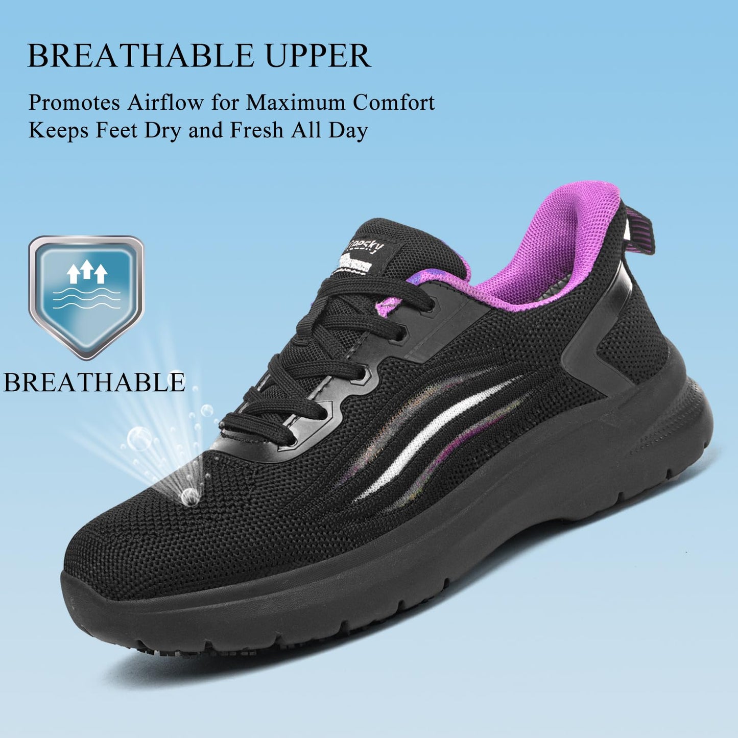 Treesky Non Slip Work Shoes for Women in Food Service - Slip Resistant, Comfortable & Lightweight Sneakers, Suitable for Restaurant, Kitchen & Nursing Crews (Black & Purple, Size 8)