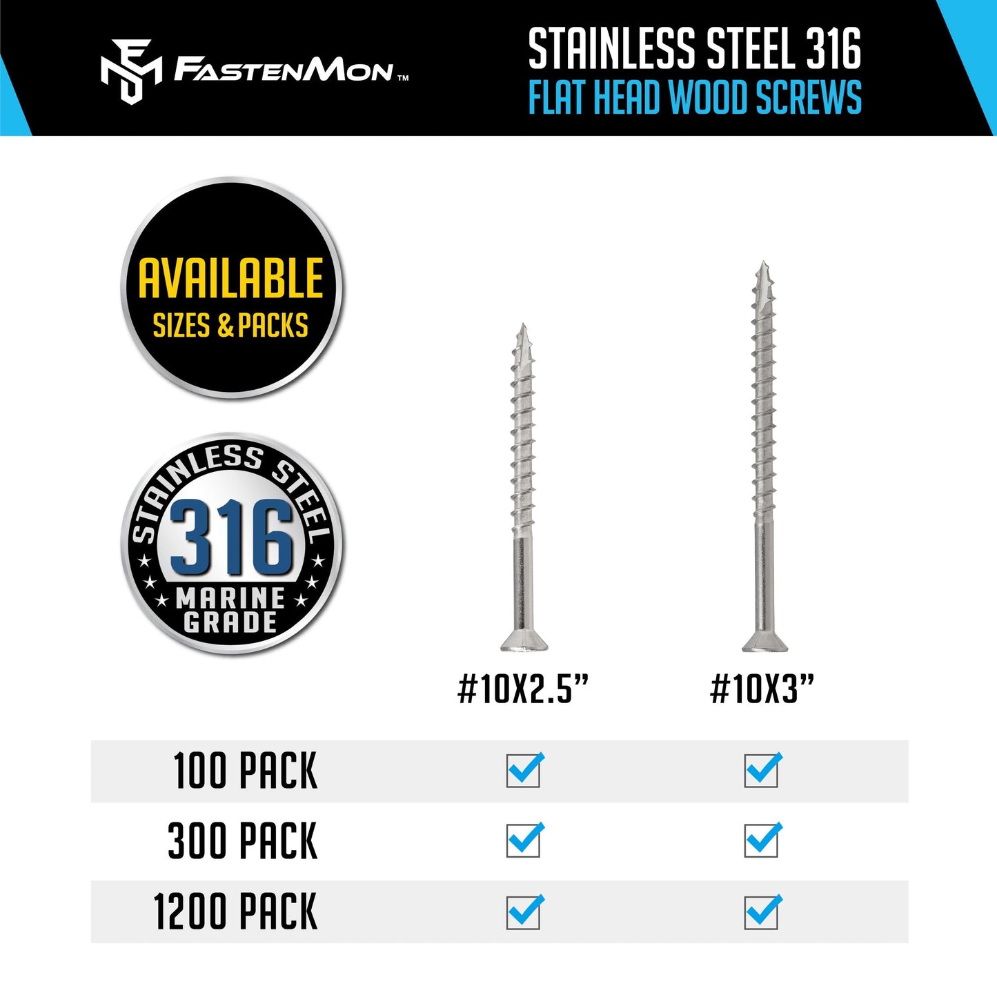 FM FastenMon #10 x 3 Marine Grade Type 316 Stainless Steel Wood Screws - 300 Pack with T25 Bit – Torx Flat Head Type 17 Point Ideal for Decks, Fences, and Coastal Construction