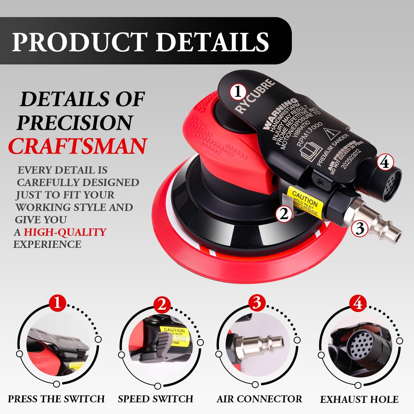 Pneumatic Air Sander – 5-Inch DA Palm Sander, High-Speed Random Orbital Sander for Woodworking & Auto Polishing (including 12 sandpaper + 4 polishing pads + accessories)