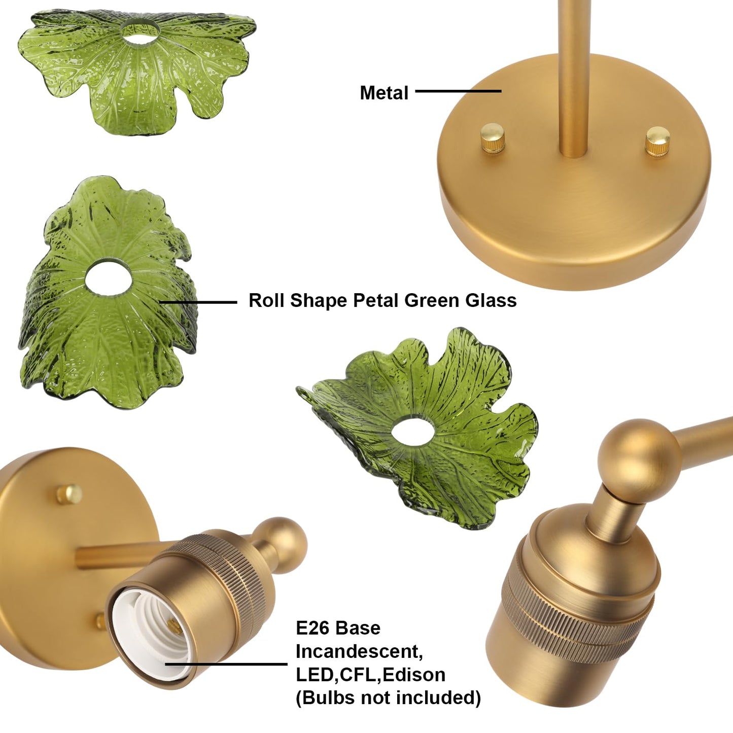 Yosoan Brass Gold Retro Glass Wall Sconce with Green Flower Shade, 1-Light Antique Indoor Vanity Vintage Boho Wall Mounted Hardwired Fixture for Kitchen Bedroom Living Room Bathroom