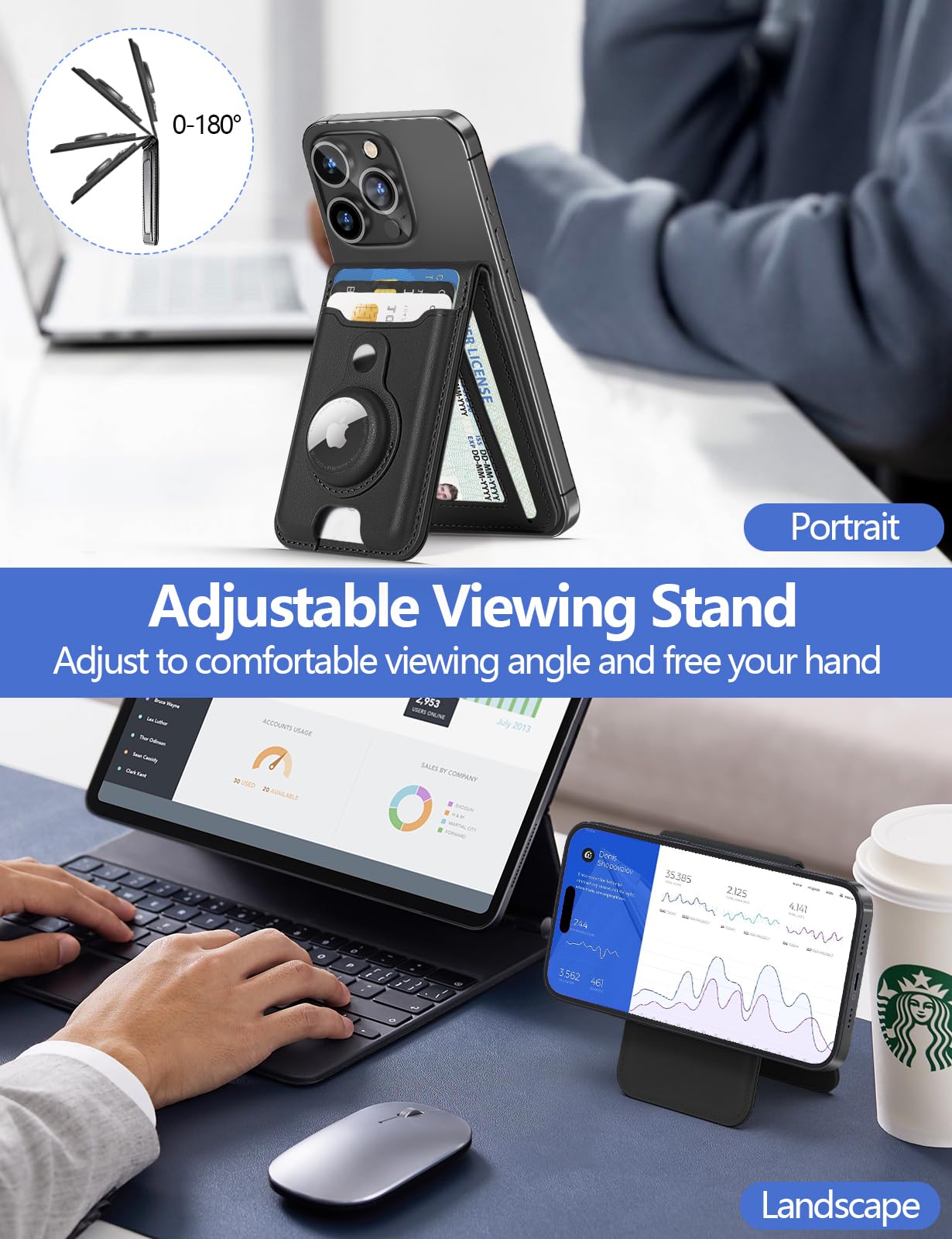 HiWe for Magsafe Wallet Stand with Airtag Holder, Strongest Magnetic Wallet for iPhone 16/15/14/13/12 Series, Vegan Leather, 3 Slots, 6 Cards Holder, RFID Blocking, Black