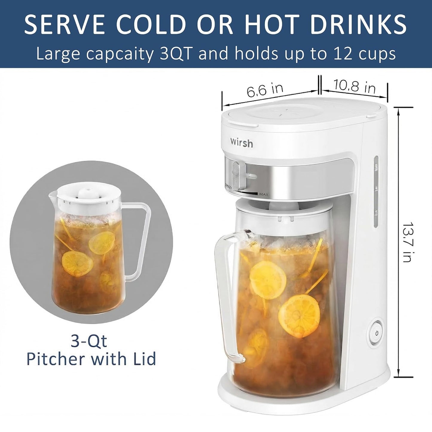 wirsh Iced Tea Maker with 3QT Pitcher, Iced Coffee Maker with Strength Control and Reusable Filter, Perfect For Iced Coffee, Latte, Tea, Lemonade, Flavored Water,White