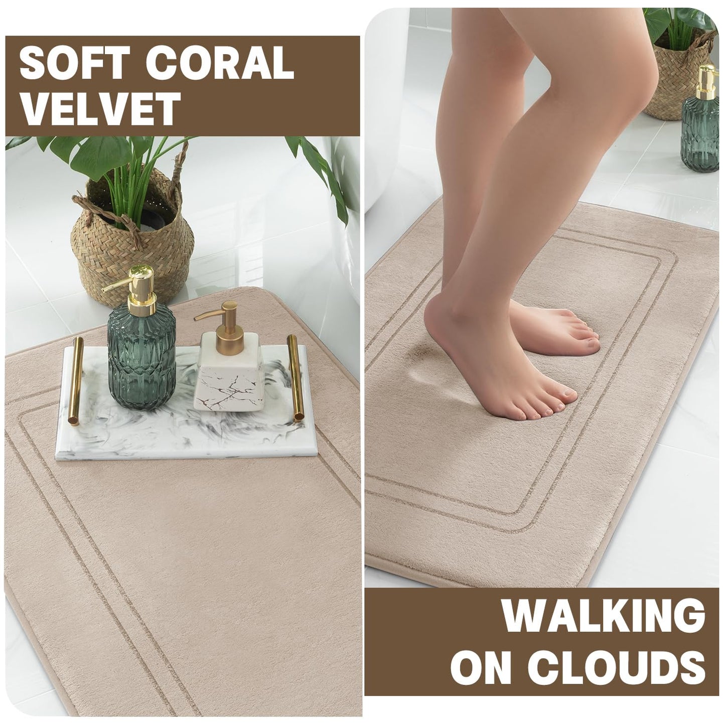 YIHOUSE Memory Foam Bath Mat Set, Bathroom Rugs Sets 3 Pieces, Non Slip Bath Mats for Bathroom, Super Soft and Water Absorbent Bath Rug Set, Machine Washable U Shape Toilet Rug,Beige