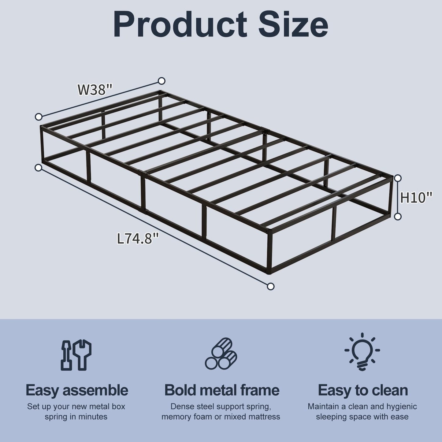 Arhomefurni 10 Inch High Profile Twin Box Spring, Heavy Duty Metal Frame Mattress Foundation with Fabric Cover, Easy Assembly, Noise-Free (10 Inch, Twin)