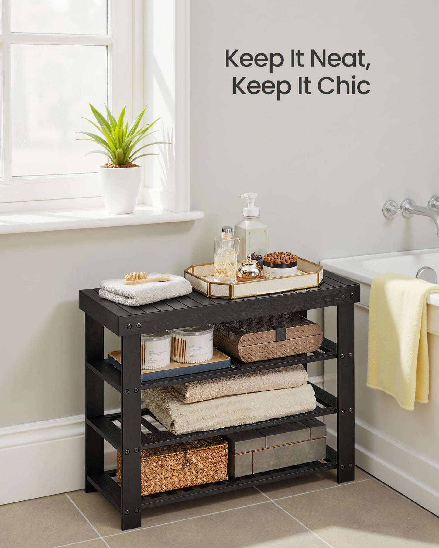 SONGMICS Shoe Rack Bench, 4 Tier Bamboo Shoe Storage Organizer, Entryway Bench, for Living Room, Bathroom, Bedroom, 11.3 x 27.6 x 20.5 Inches, Ink Black ULBS370BH01