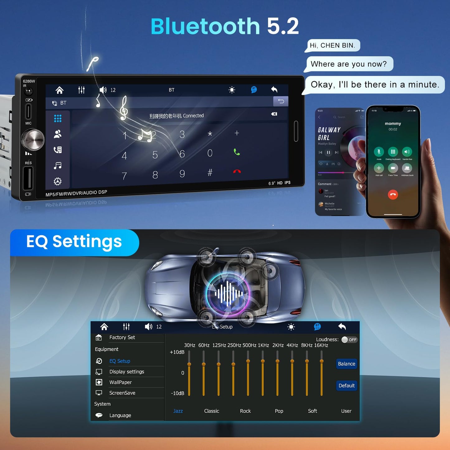 Single Din Car Stereo with Wireless CarPlay Android Auto Mirror Link, Driauto Car Radio Bluetooth Handsfree Headunit 6.9 Inch 1 Din IPS Touch Screen FM Type-C USB Charging EQ SWC with Reverse Camera