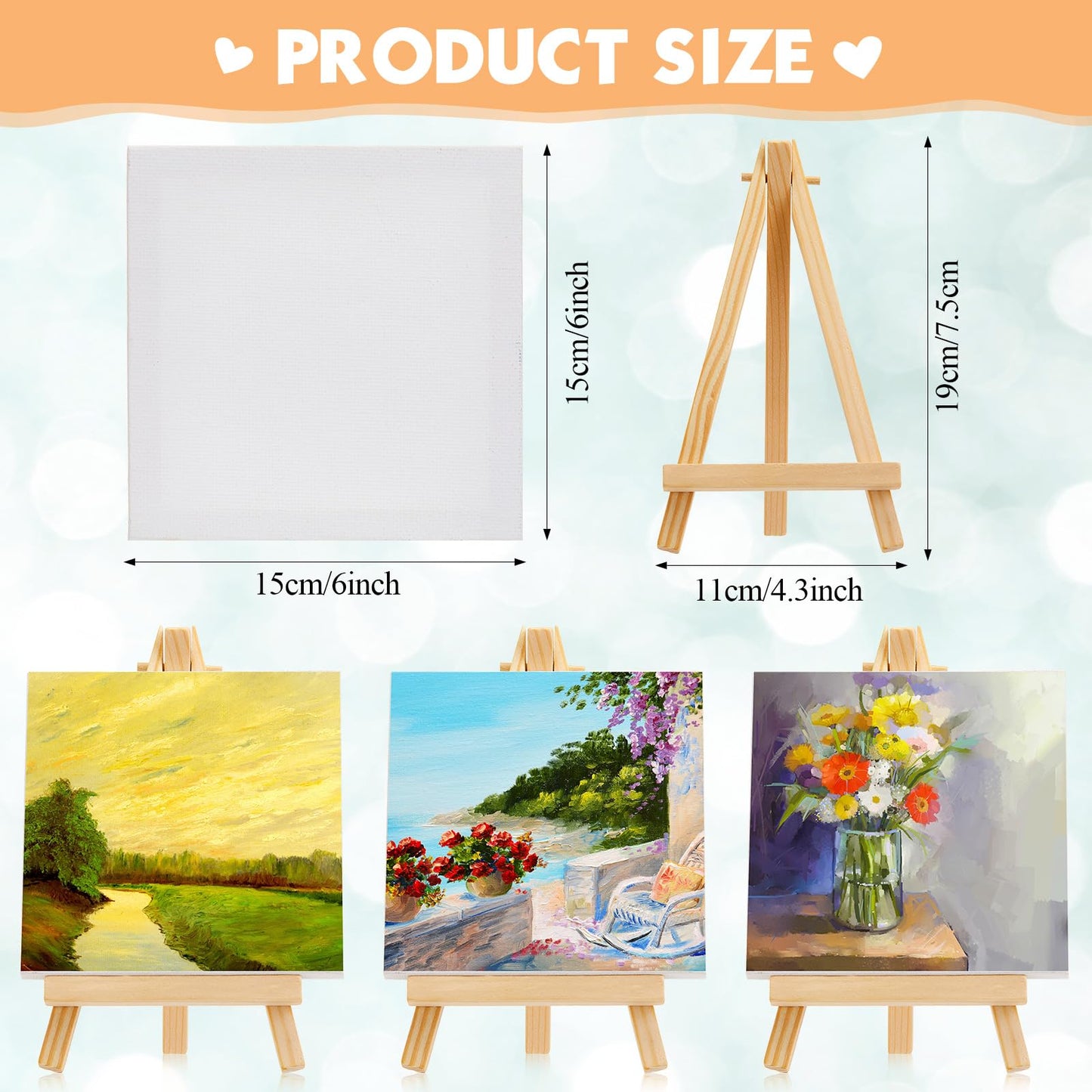 Mimorou 32 Pack Mini Canvas with Easel Sets for Painting Small Art Stretched Canvas Panels Pack with Wood Display Easel for Classroom Crafts, Art Projects, Birthday Paint Party Favors (6 x 6 Inch)