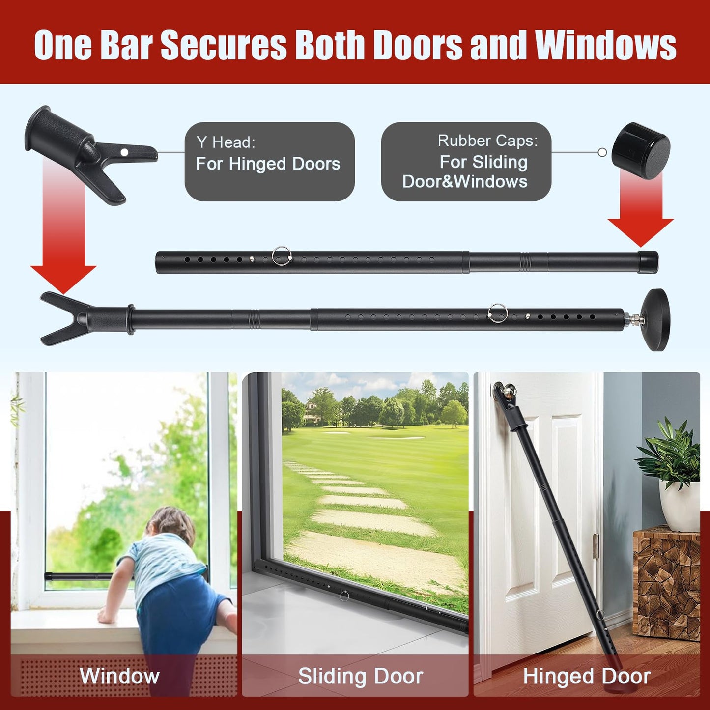 2 Pack Door Security Bar, Heavy Duty Door Brace for Front Doors, Sliding Doors & Windows, 24.5"-50.7" Adjustable Door Stopper with Anti-Slip Base for Home, Travel, Hotel & Dorm Security