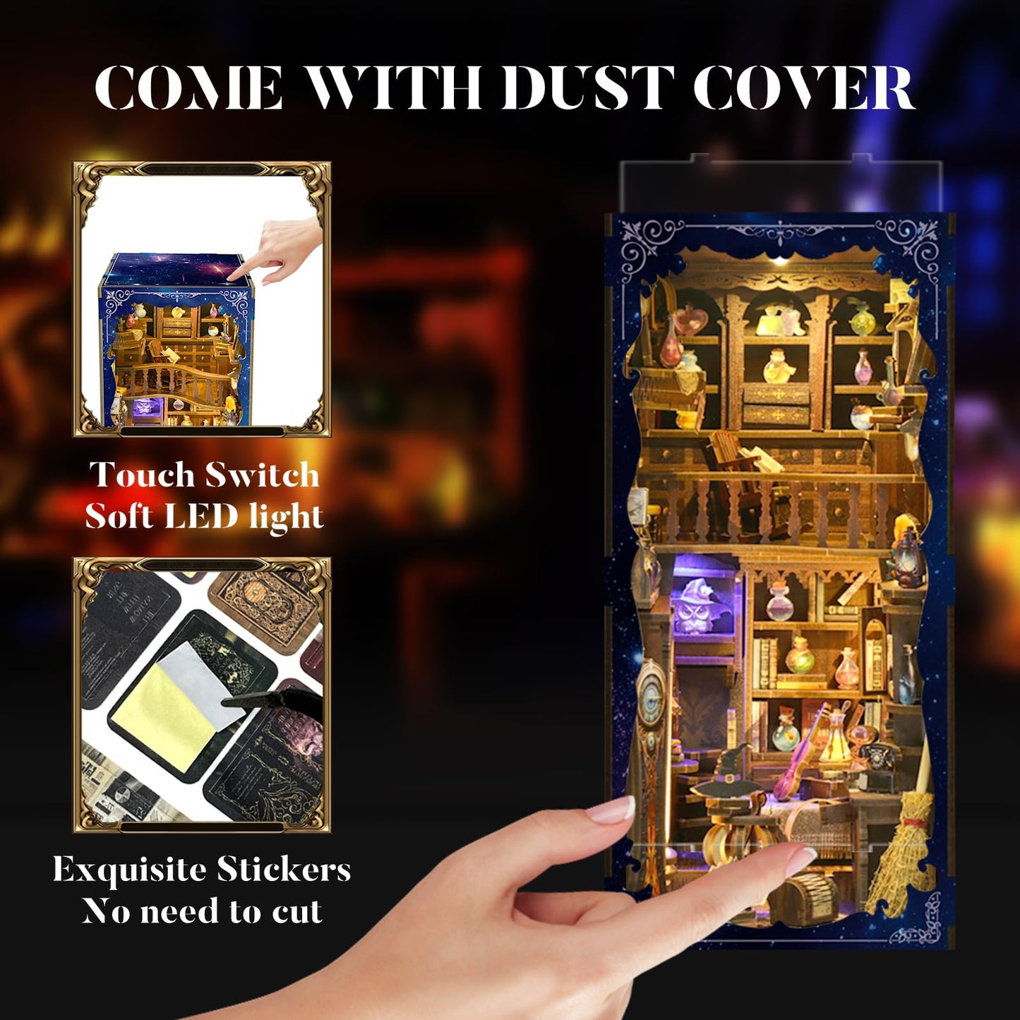 DIY Book Nook Kit for Adults, 3D Wooden Puzzle Bookshelf Insert Decor with LED Light & Stickers, Dust Cover,Miniature House Craft Gifts for Family,Friends and Book Lovers（Magic Potion House）
