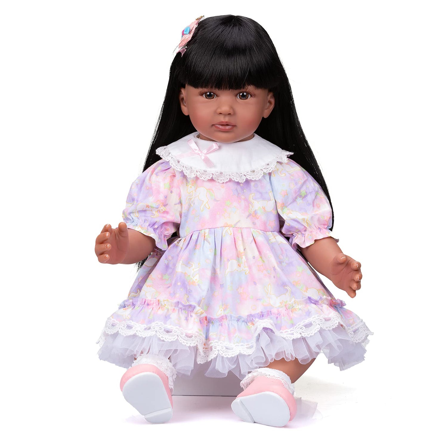 KOKOMANDY Lifelike African American Reborn Baby Dolls Black Girl 24 inches Toddler Doll Handamde Realistic Silicone Reborn Doll Weighted Body with Long Black Hair Toys for Kids