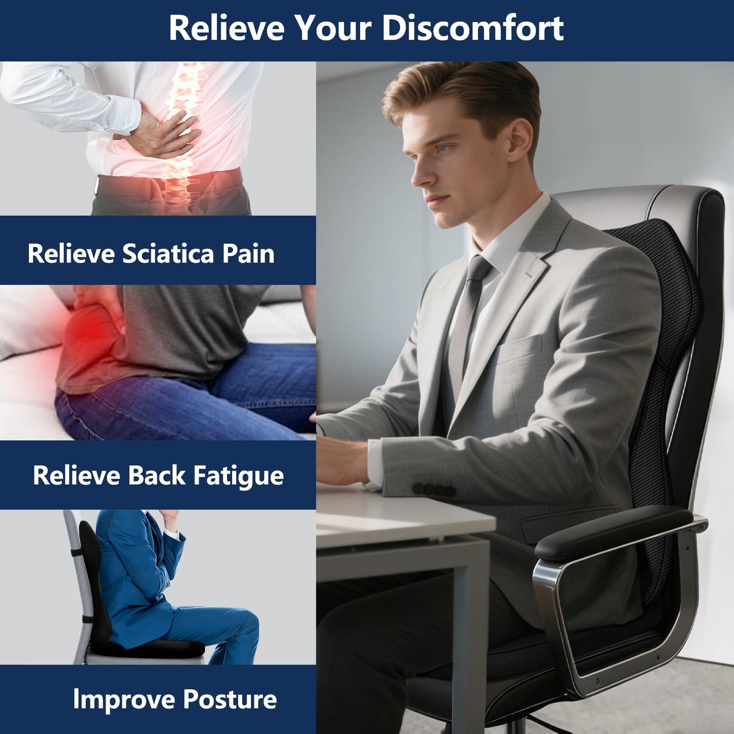 JIPORIER Seat Cushion,Lumbar Support Pillow for Office Chair,Ergonomic Memory Foam Back Support Pillow, High Density Foam Chair Cushion for Sciatica Pain Relief Coccyx Pad for Chair,Car,Desk,Black