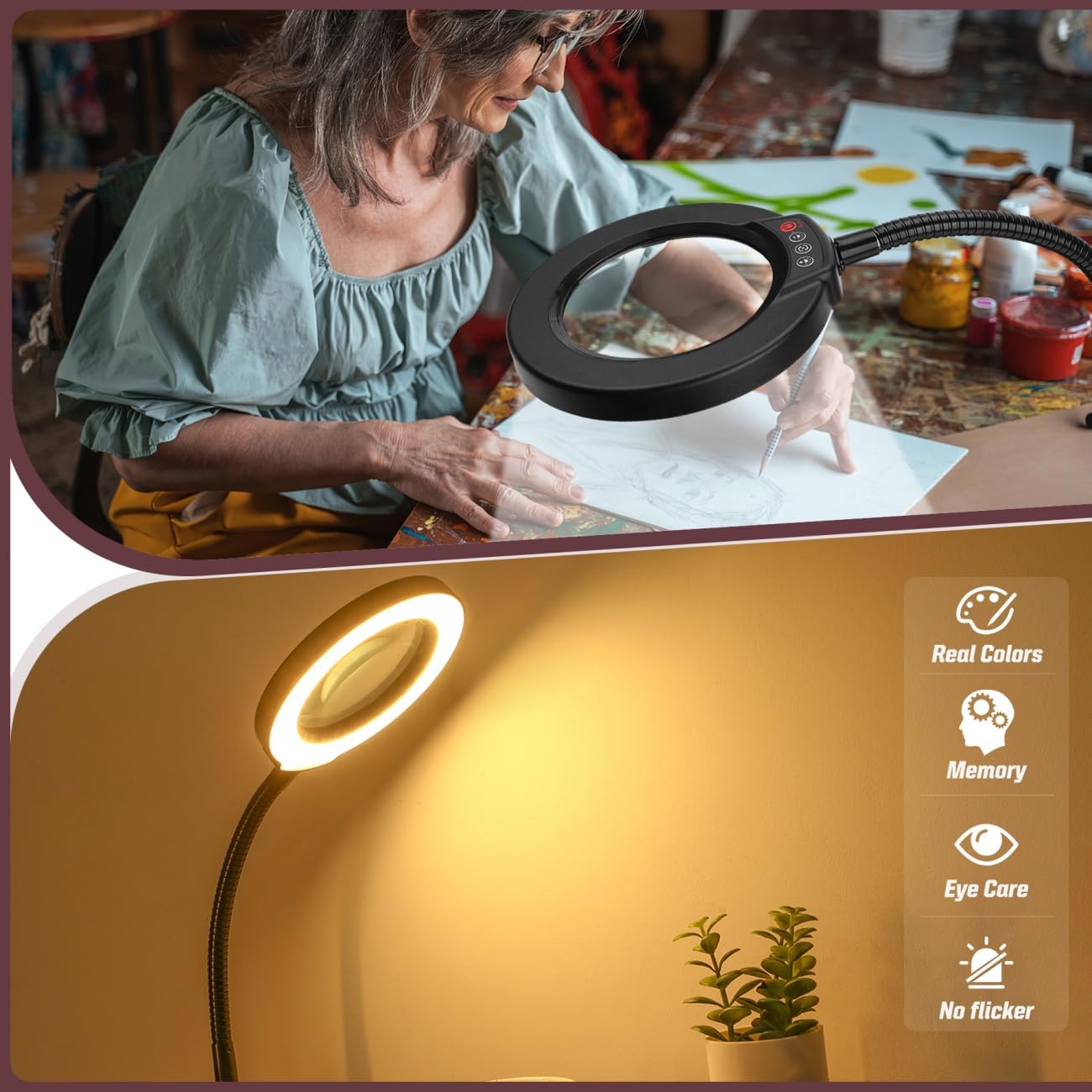 Krstlv 10X Magnifying Glass with Light and Stand, 16.5in Flexible Goose-Neck, 5 Color Modes Stepless Dimmable LED Lighted Desk Lamp, Hands Free Magnifier for Crafting Hobby Painting Close Work - Black
