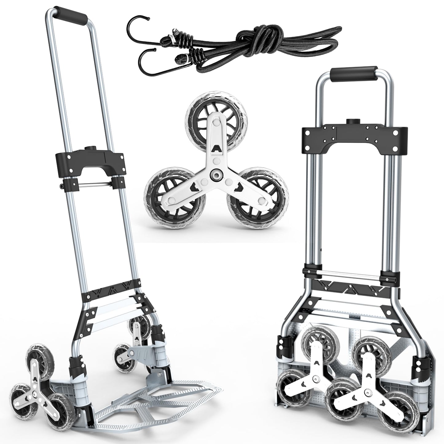 Stair Climbing Cart, 220 LBS Aluminum Stair Climber Dolly, Heavy Duty Folding Hand Truck Dolly with 6 Wheels, Telescoping Handle and Elastic Rope for Home, Moving, Groceries, Warehouse