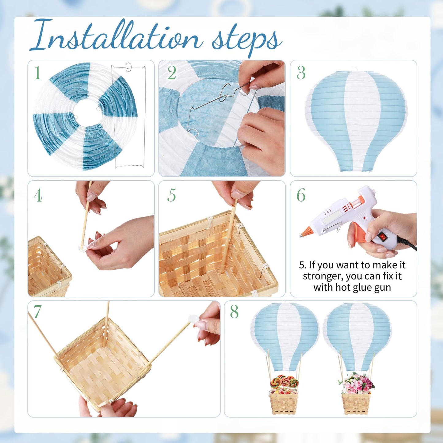 Meooeck 8 Sets Blue Hot Air Balloons Decorations Baby Shower Table Centerpieces 11.8'' Paper Lantern with Basket for Gender Reveal Birthday Wedding Graduation School Party Supplies