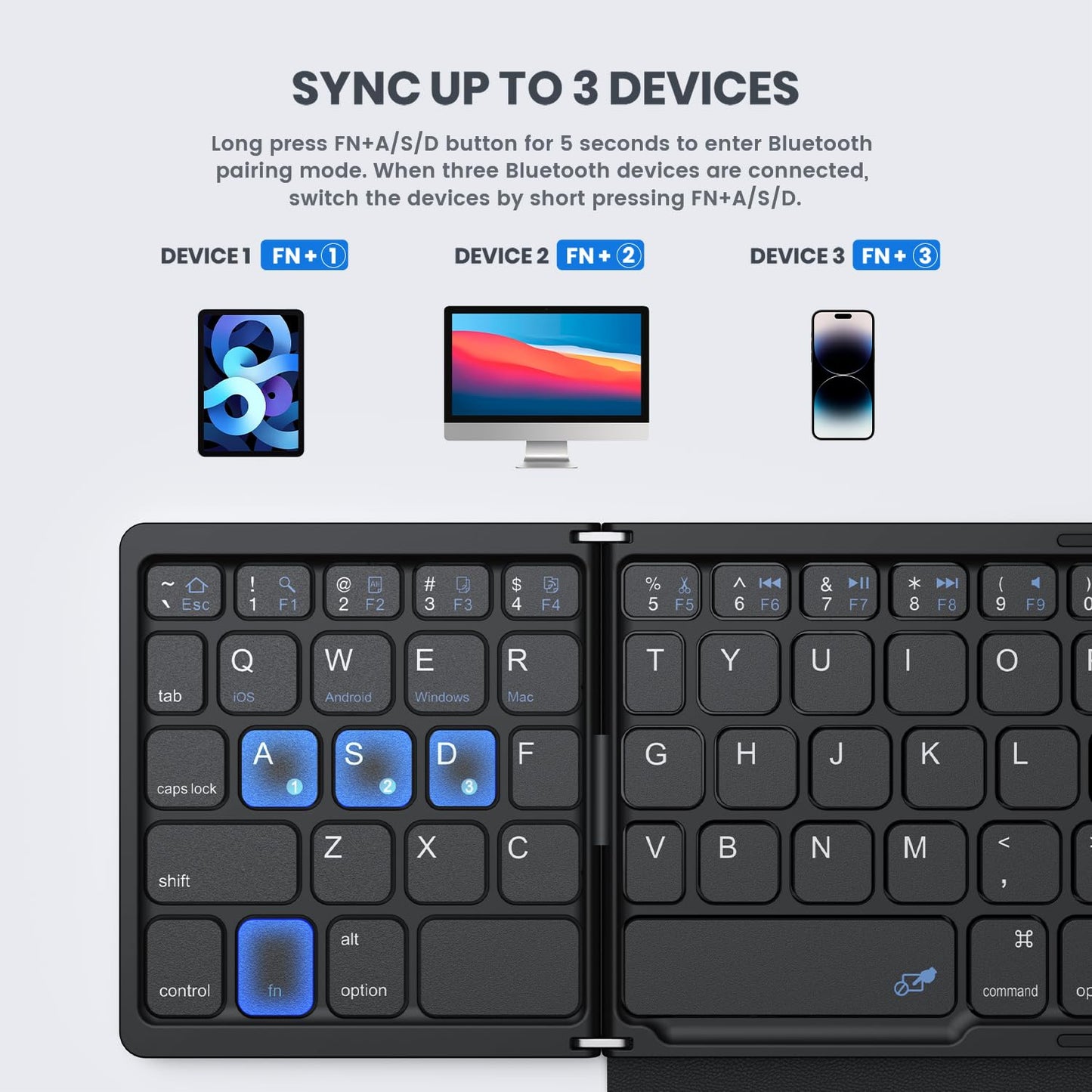GEODMAER Foldable Bluetooth Keyboard, Portable Full Size Folding Keyboard with Large Touchpad, Numeric Keypad, PU Leather, Wireless TravelKeyboard for Windows Android Mac(Sync up to 3 Devices)