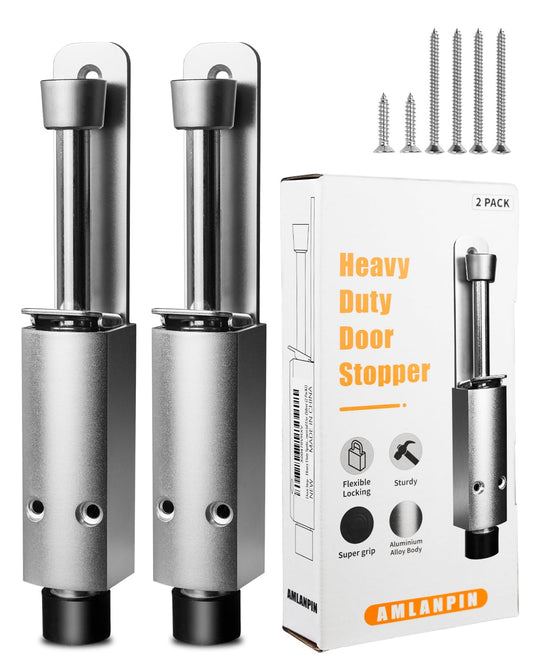 Door Stop - Heavy Duty Spring Loaded Step Down Push On Door Holder/Stopper - Foot Operated Door Holder for Outdoor and Commercial Use (2, Silver)