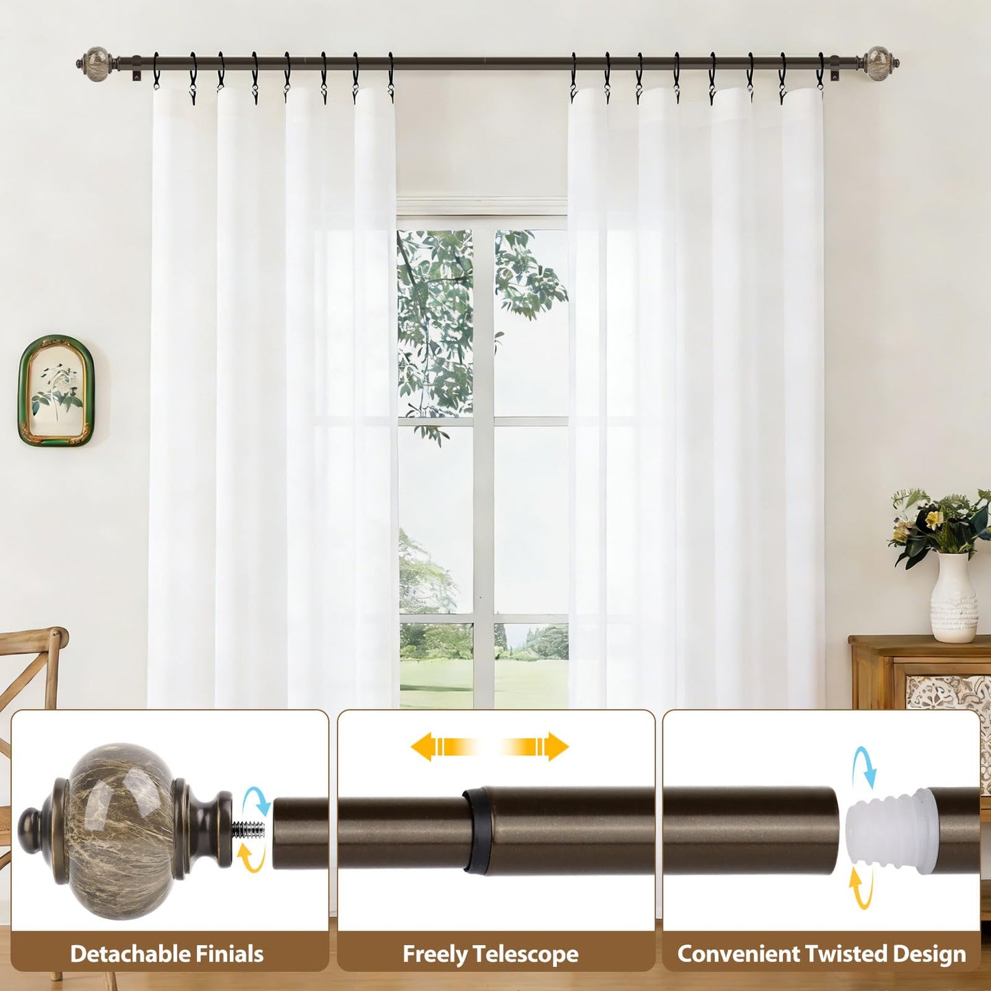 KAMANINA 1 Inch Curtain Rods for Windows 66 to 120 Inches Bronze Heavy Duty Curtain 32 to 120 (2.6-10ft), Adjustable Long Drapery Rods with Marbled Finials