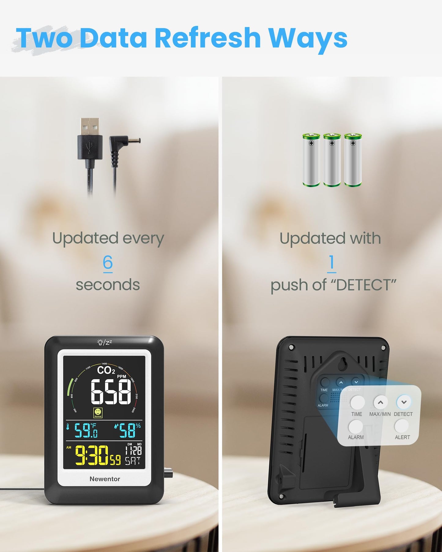 Newentor CO2 Monitor, Indoor Air Quality Meters, Carbon Dioxide Detector with Voice Alert, Large Display CO2 Tester, Temperature Humidity Sensor, Alarm Clock for Home, RV, Grow Tents, Black, 2 PCS