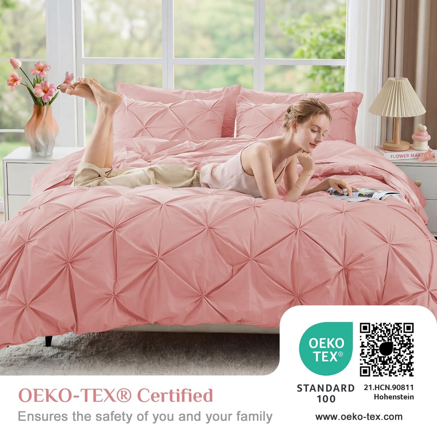 JOLLYVOGUE Full Size Comforter Sets 7 Pieces - Bed in a Bag Full for All Season, Pintuck Bedding Comforter Sets with Comforter, Flat Sheet, Fitted Sheet and Pillowcases & Shams, Pink